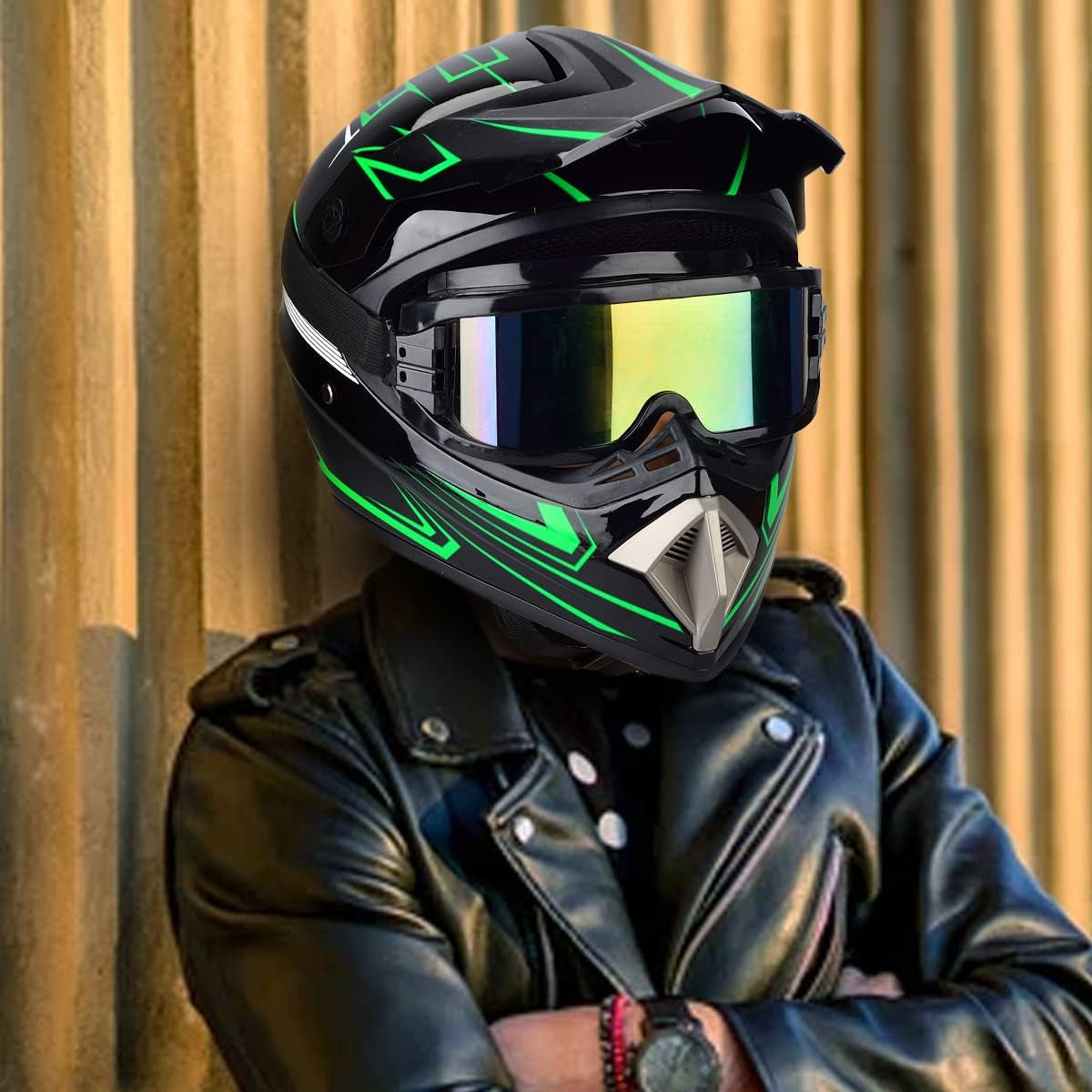 Motocross Helmet Set: Adult Sun Visor Motorcycle Helmet, suitable for Dirt Bike and Mountain Bike. Includes Windproof Mask, Goggles, and Gloves (4Pcs Set).