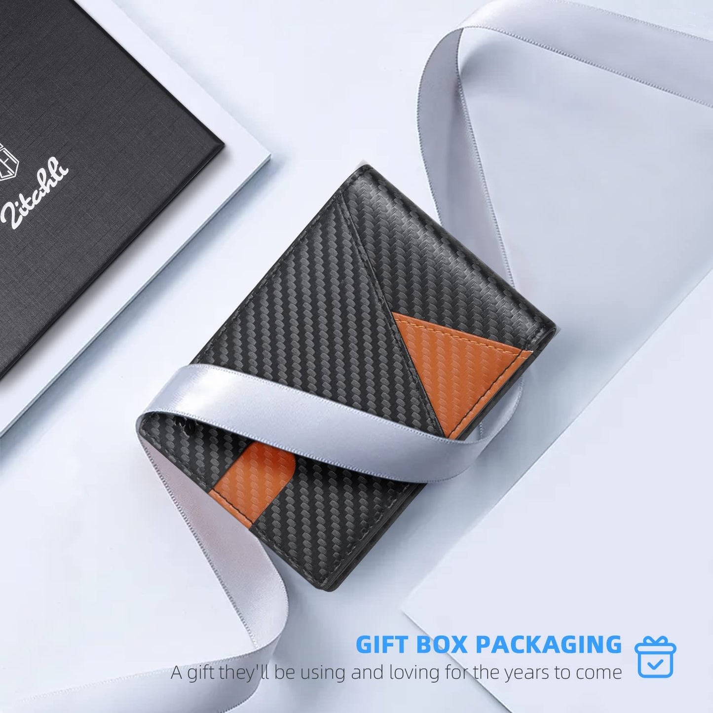 Men's Slim RFID Wallet - Bifold Leather Wallet with Money Clip, Front Pocket Design, ID Window, and 12 Card Slots, Presented in Gift Box Packaging.