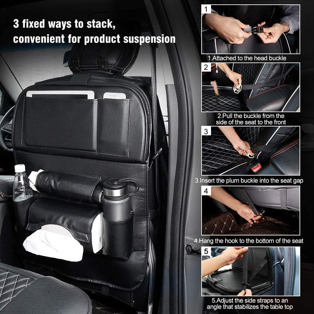 Car Organizer Backseat: Featuring a Foldable Tray Table and 8 Storage Pockets. Made of Waterproof PU Leather, includes Tablet Pocket, Tissue Box, and Car Seat Protector Kids Kick Mat. Multifunctional Car Organizer sold as a 1-Piece set.