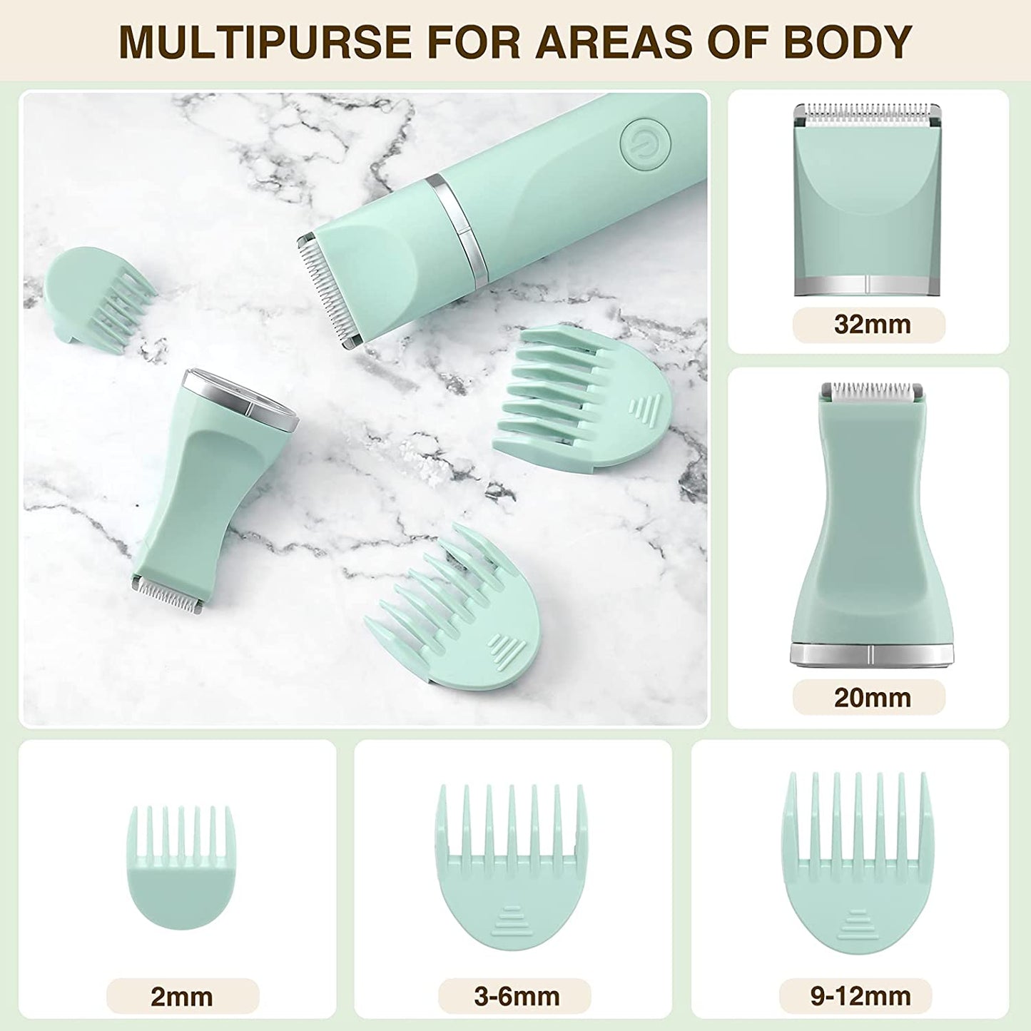 Rechargeable Electric Shaver for Women: Waterproof Bikini Trimmer with Ceramic Blades for Hair Removal on Bikini, Legs, and Pubic Area - IP7X Washable Head, Wet and Dry Use - Green