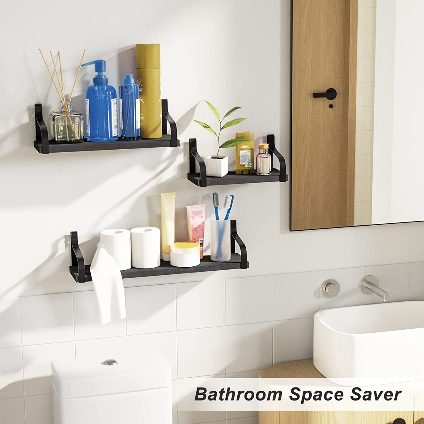 Set of 3 Floating Shelves - Wall Mounted - Rustic Wood Design - Suitable for Bedroom, Living Room, Bathroom, and Kitchen - Color: Black - Adds Stylish Wall Storage.