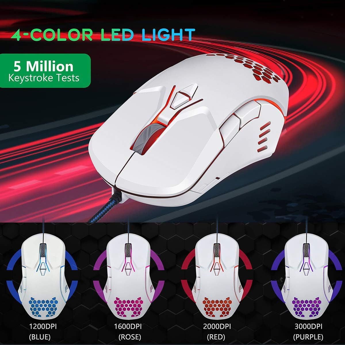 Gaming Keyboard and Mouse Combo in White - Features Colorful Lights with Rainbow LED Backlit Keyboard, Ergonomic Detachable Wrist Rest, and a Programmable 3200 DPI 7-Button Gaming Mouse, Suitable for Windows PC, Mac, Office, and Gaming Use.