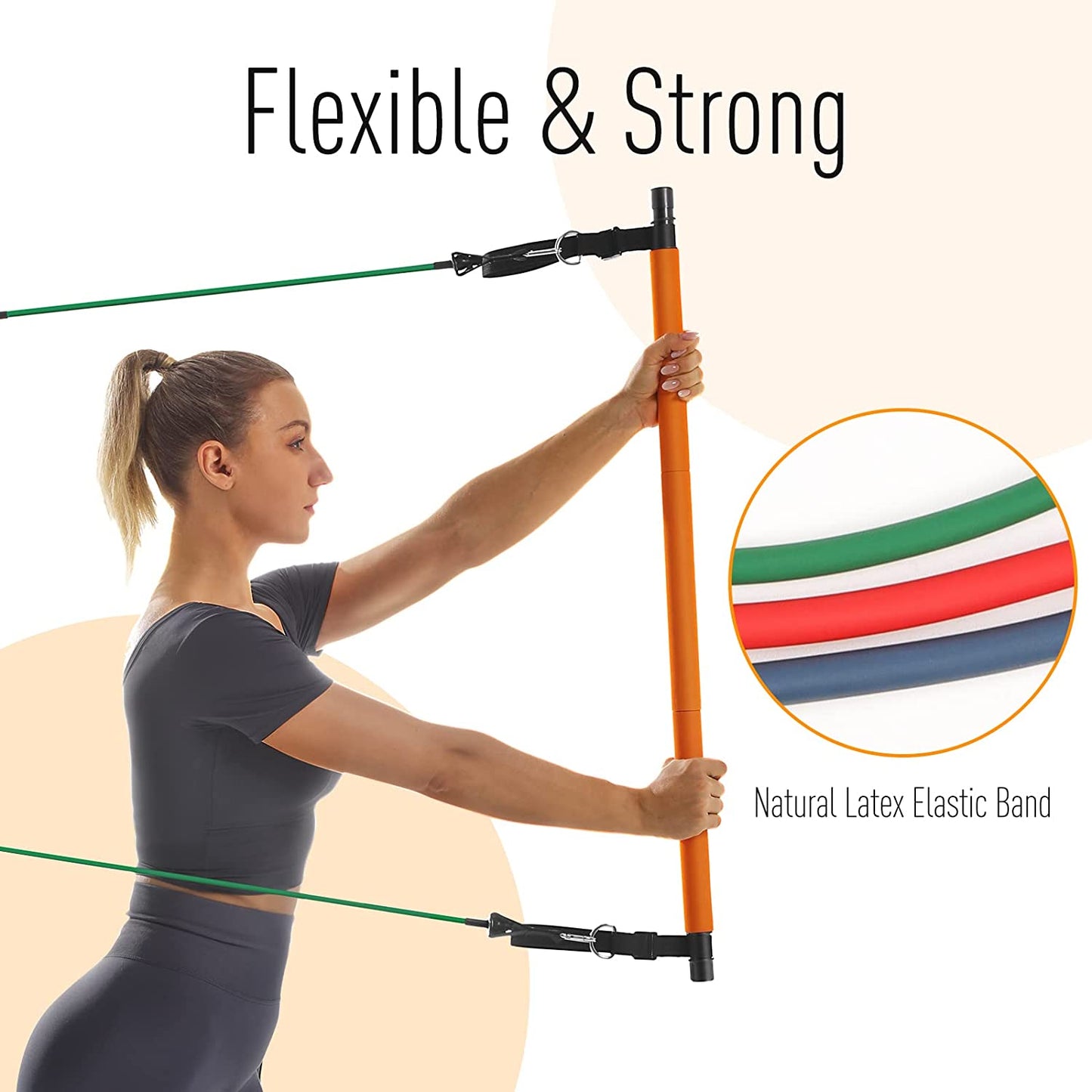 Portable Pilates Bar Kit with Resistance Bands - This upgraded 3-section Pilates bar comes with resistance bands in 20lb, 40lb, and 60lb options. It's suitable for both men and women and supports full-body workouts at home.