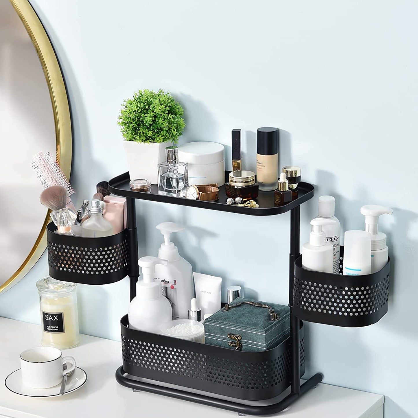 3-Tier Rotating Bathroom Counter Organizer: Black Vanity and Kitchen Spice Rack Shelf for Countertop Storage
