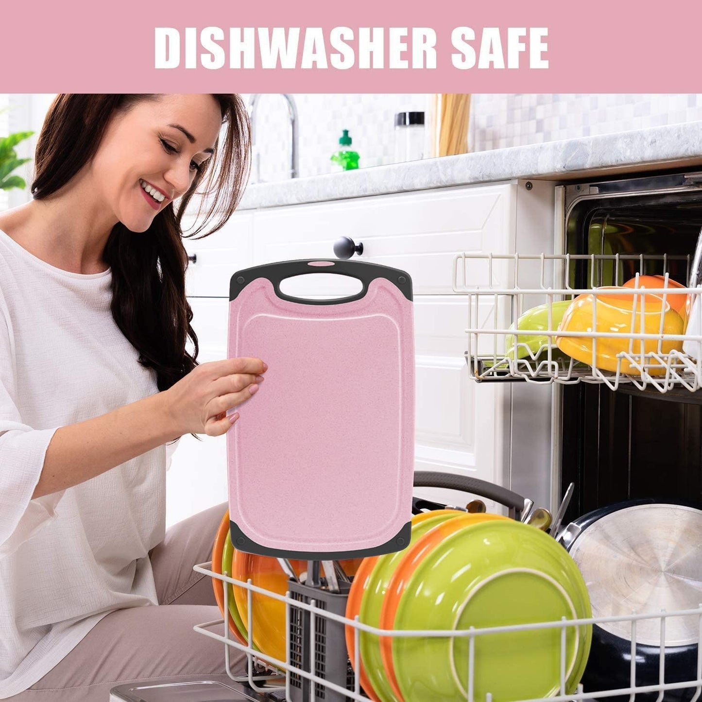 3-Piece Kitchen Cutting Board Set - Durable Plastic Chopping Boards with Juice Grooves, BPA-Free, and Dishwasher Safe - Pink