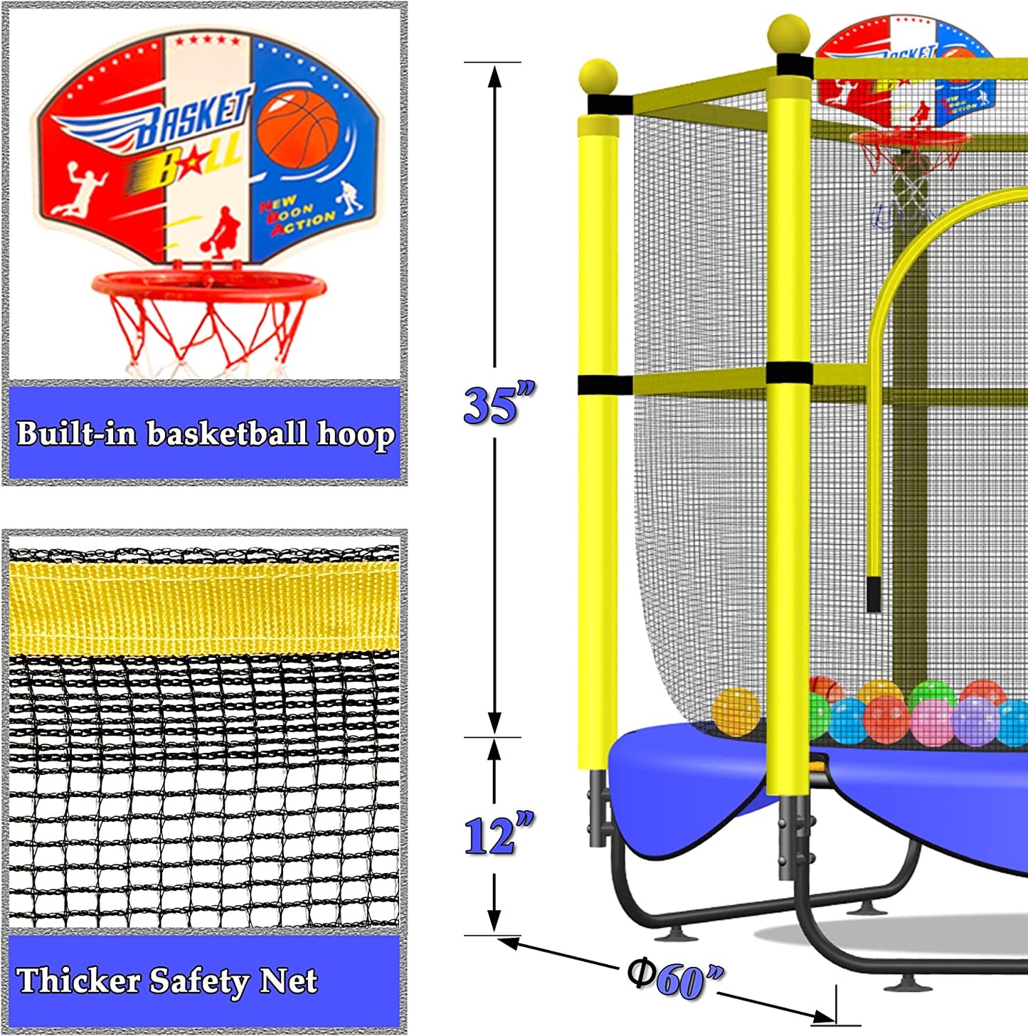 60" Indoor & Outdoor Trampoline for Kids - Small Trampolines with Basketball Hoop and Safety Enclosure - Ideal Birthday Gifts for Kids Ages 1-8 - Suitable for Boys and Girls