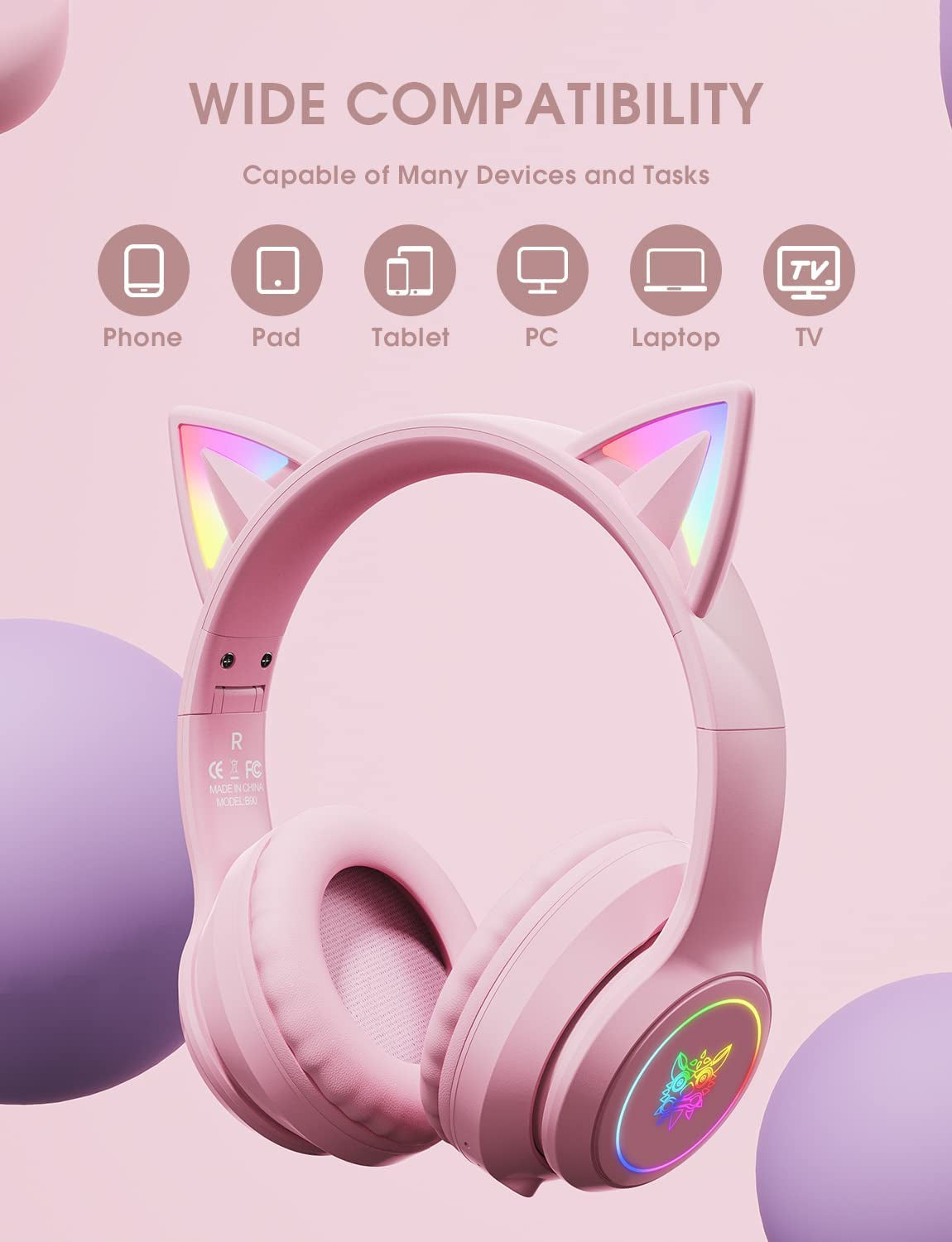 Cat Ear LED Light up Bluetooth Kids Headphones: Wireless Foldable Over-Ear School Headphones with Microphone, 85dB Volume Limiting, HI-FI Sound, for iPhone/iPad/Laptop/PC, Toddlers Study Headphones