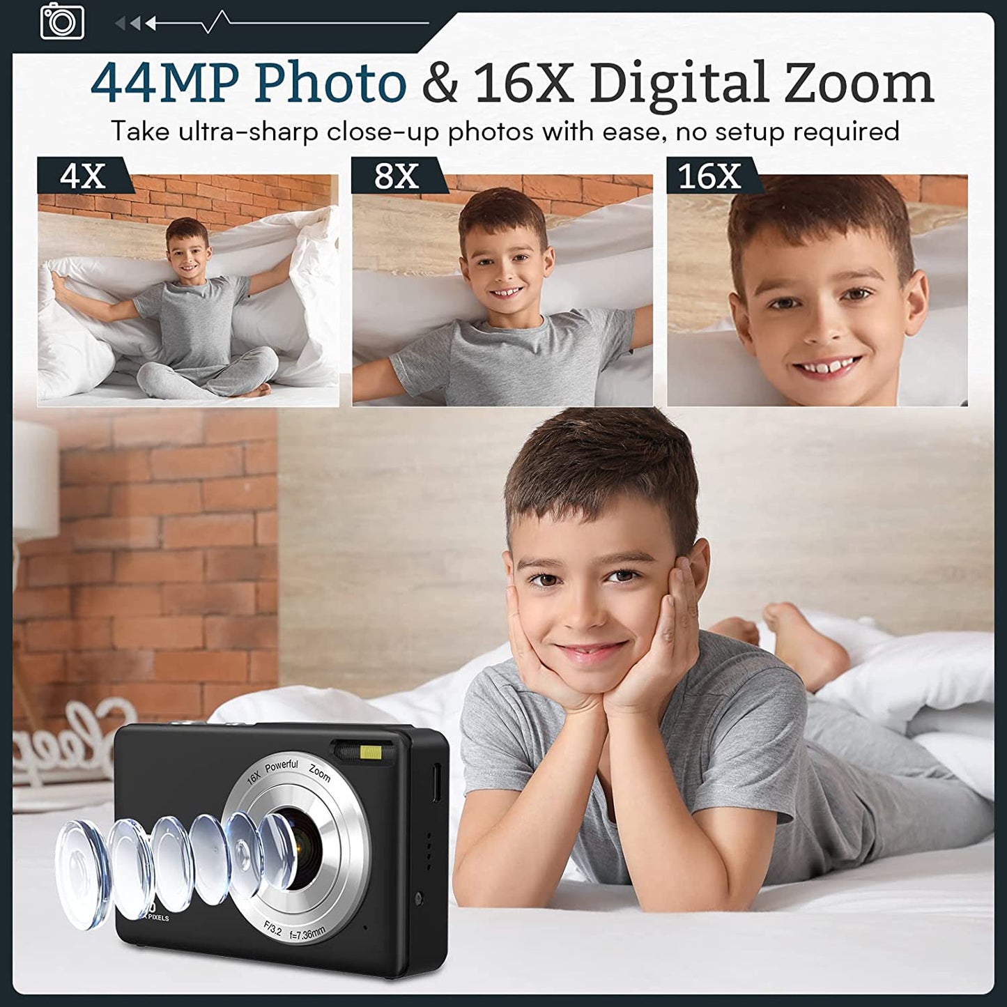 Kids Digital Camera with 32GB Card, FHD 1080P 44MP Compact Vlogging Camera, Point and Shoot Camera with 16X Digital Zoom, Portable Mini Camera for Teens and Students (Black)
