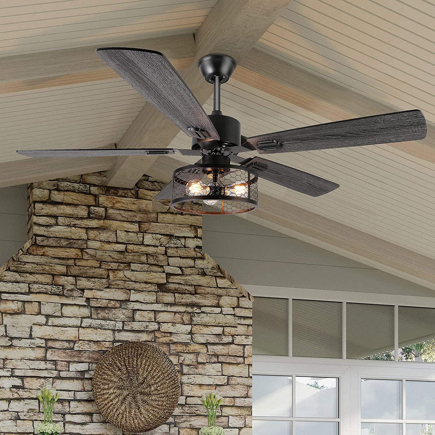 52 Inch Farmhouse Ceiling Fan with Remote Control and 3-Lights - Features a Caged Light Fixture with a Rustic Wood Finish, Ideal for Patio, Living Room, Kitchen, and Dining Room.