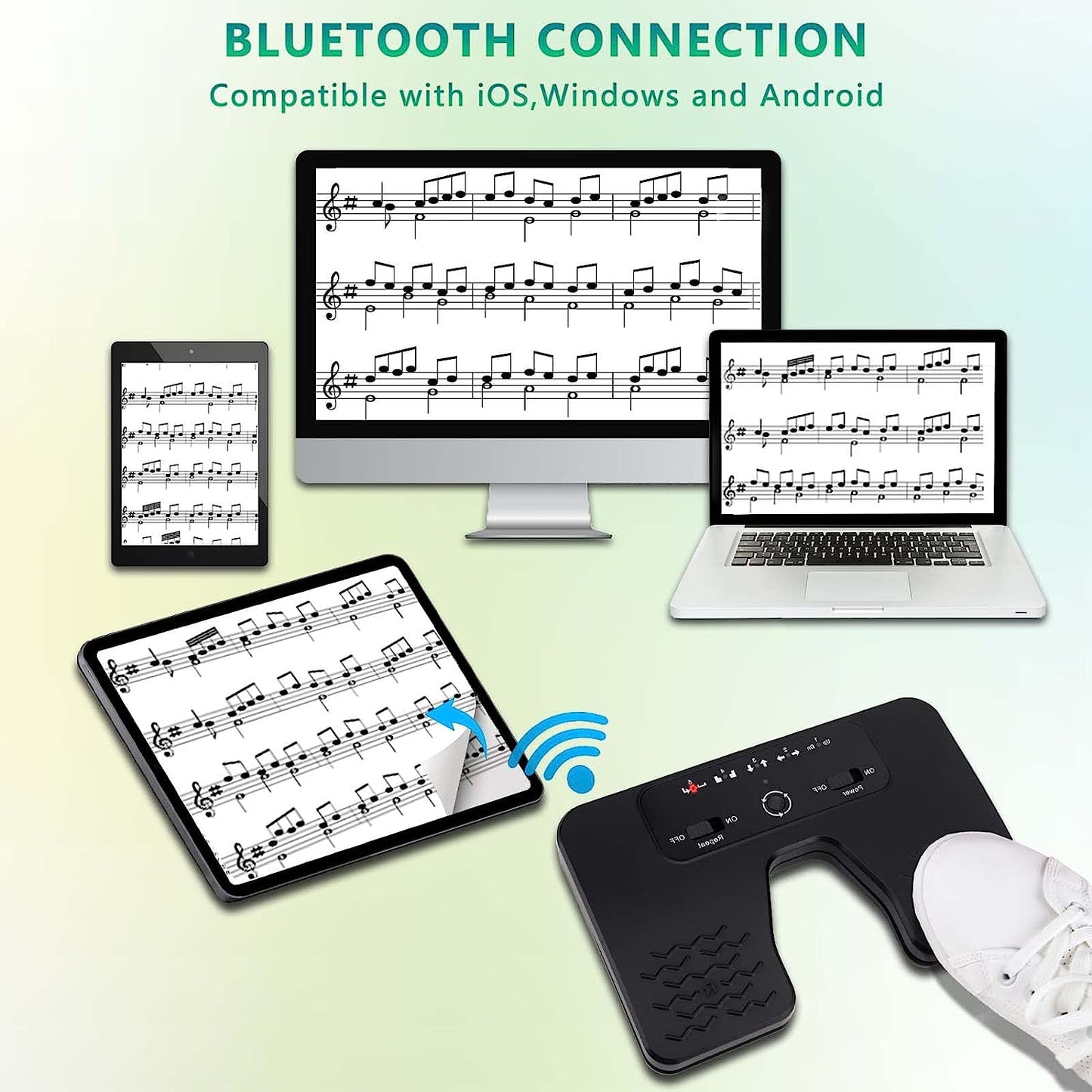 Rechargeable Wireless Foot Pedal for Tablets and Smartphones - Hands-Free Music Page Turner with Anti-Skid Pad