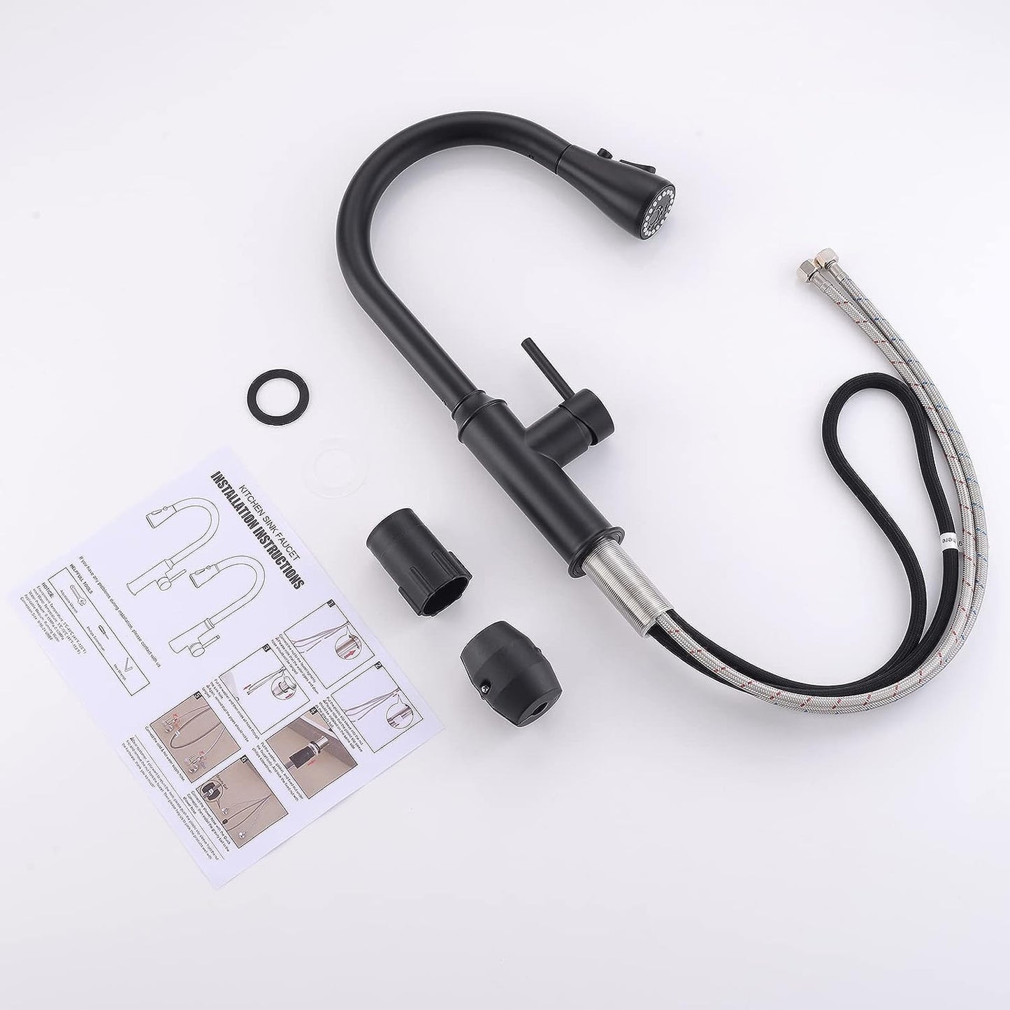 Single Handle Pull Out Kitchen Faucet Stainless Steel- Sprayer Sink Faucet, Lead-Free Kitchen Sink Faucets 360 Swivel Modern Matte Black with Deck Plate