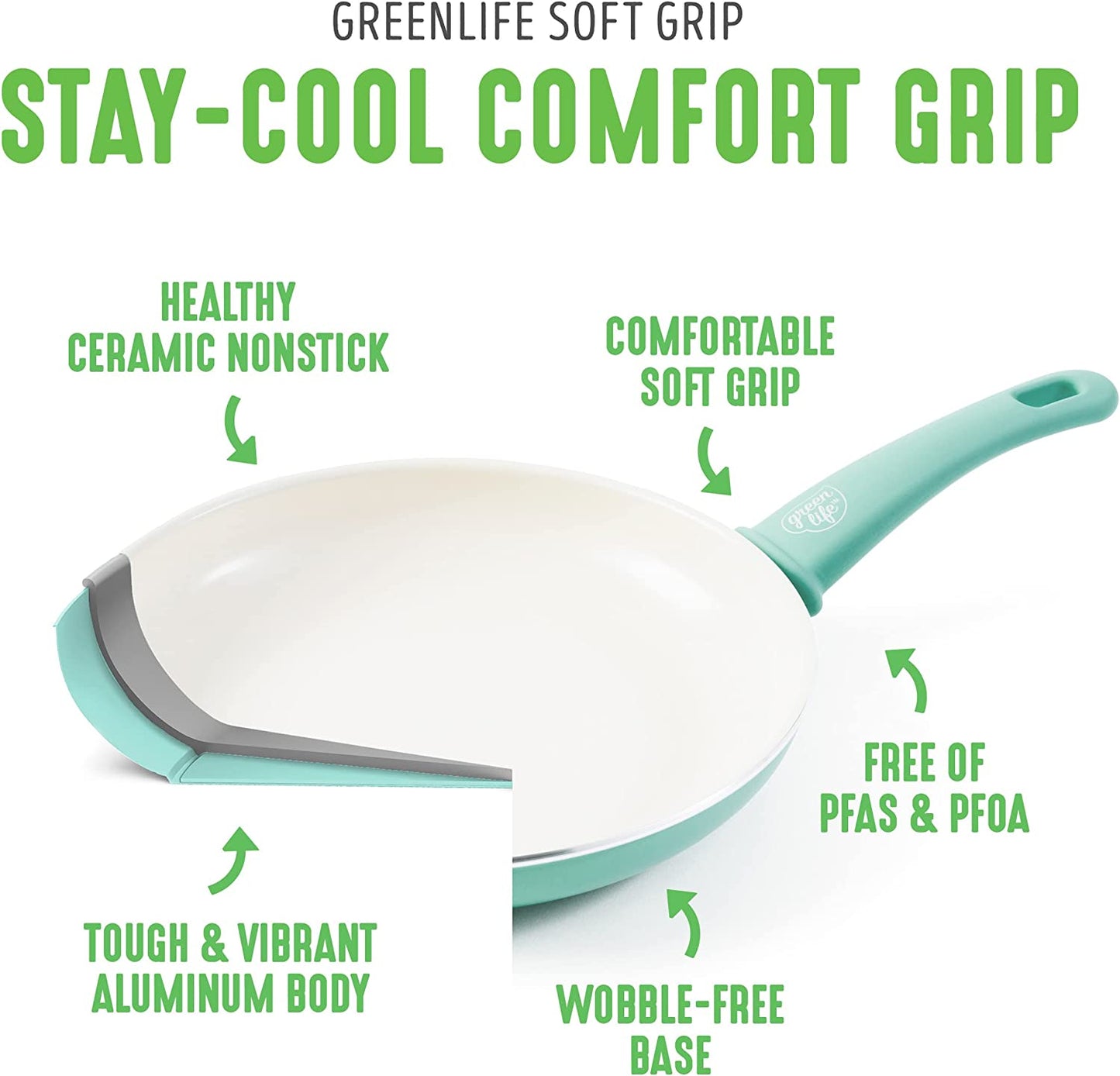Soft Grip Ceramic Nonstick Cookware Set, 16-Piece, PFAS-Free, Dishwasher Safe, Turquoise