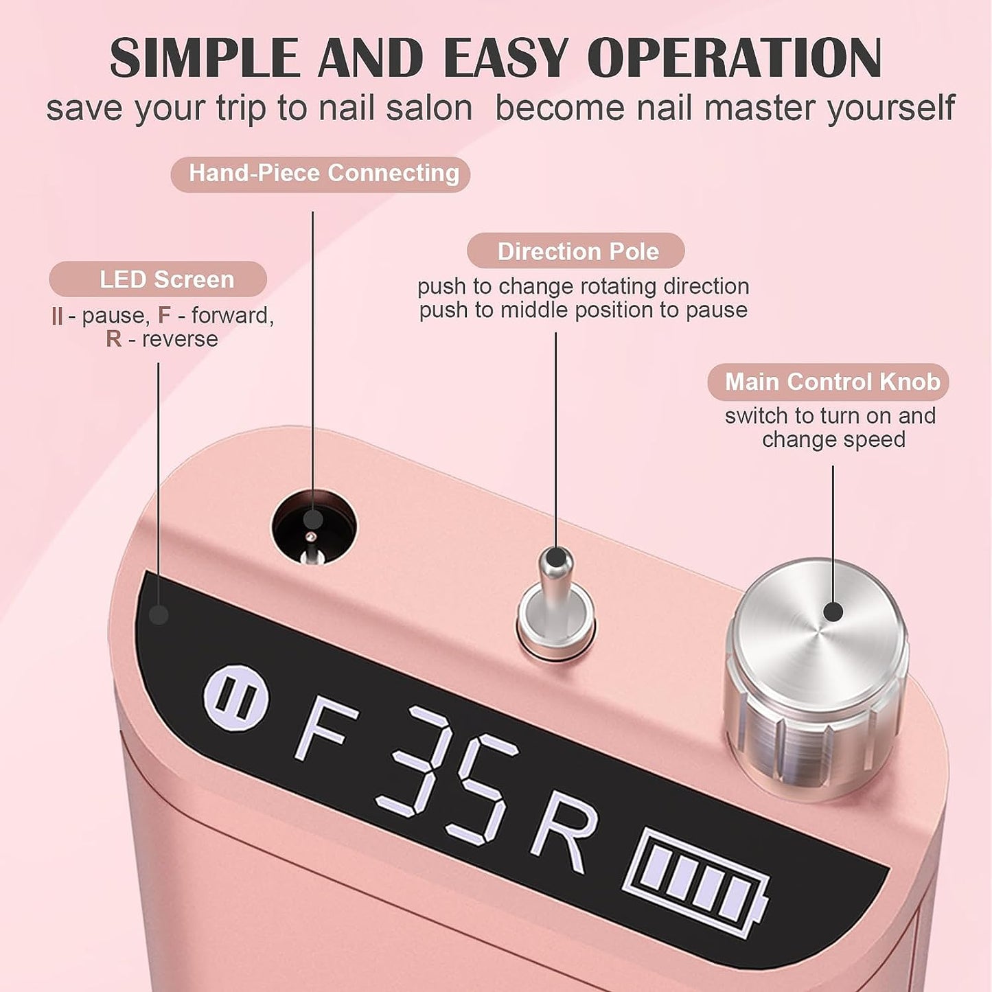 Portable Electric Nail Drill Machine: A Rechargeable, Professional Nail E File Drill with 35000 RPM. Ideal for Acrylic and Gel Nails, Polish Removal, and Nail Shaping. Includes 10 Bits and Sanding Bands, and it comes in a stylish Rose Gold color.