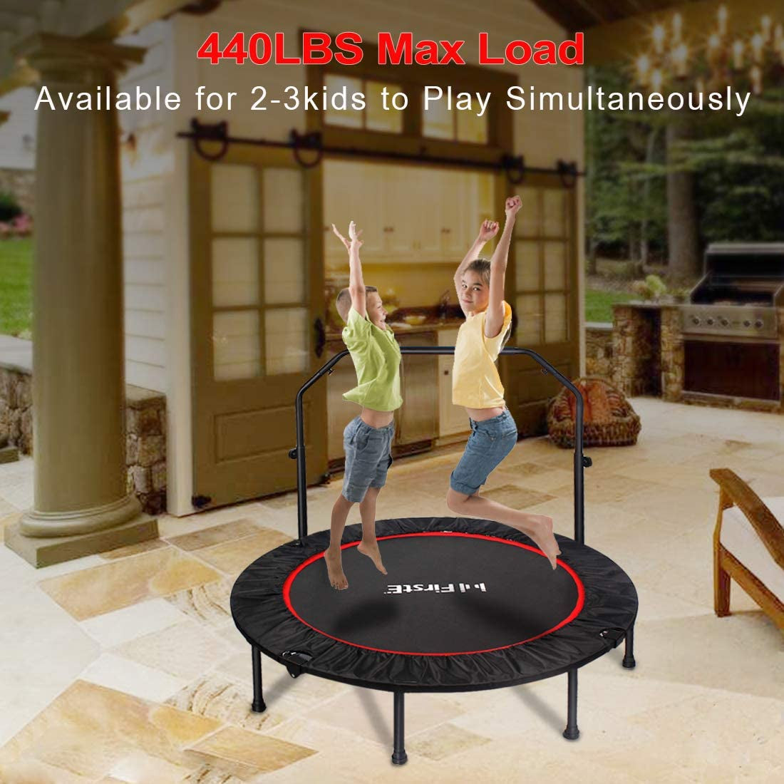 Foldable Fitness Trampolines with Adjustable Heights Foam Handrail - Rebound Recreational Exercise Trampoline for Kids and Adults - Indoor & Outdoor Use - Maximum Load Capacity of 440lbs