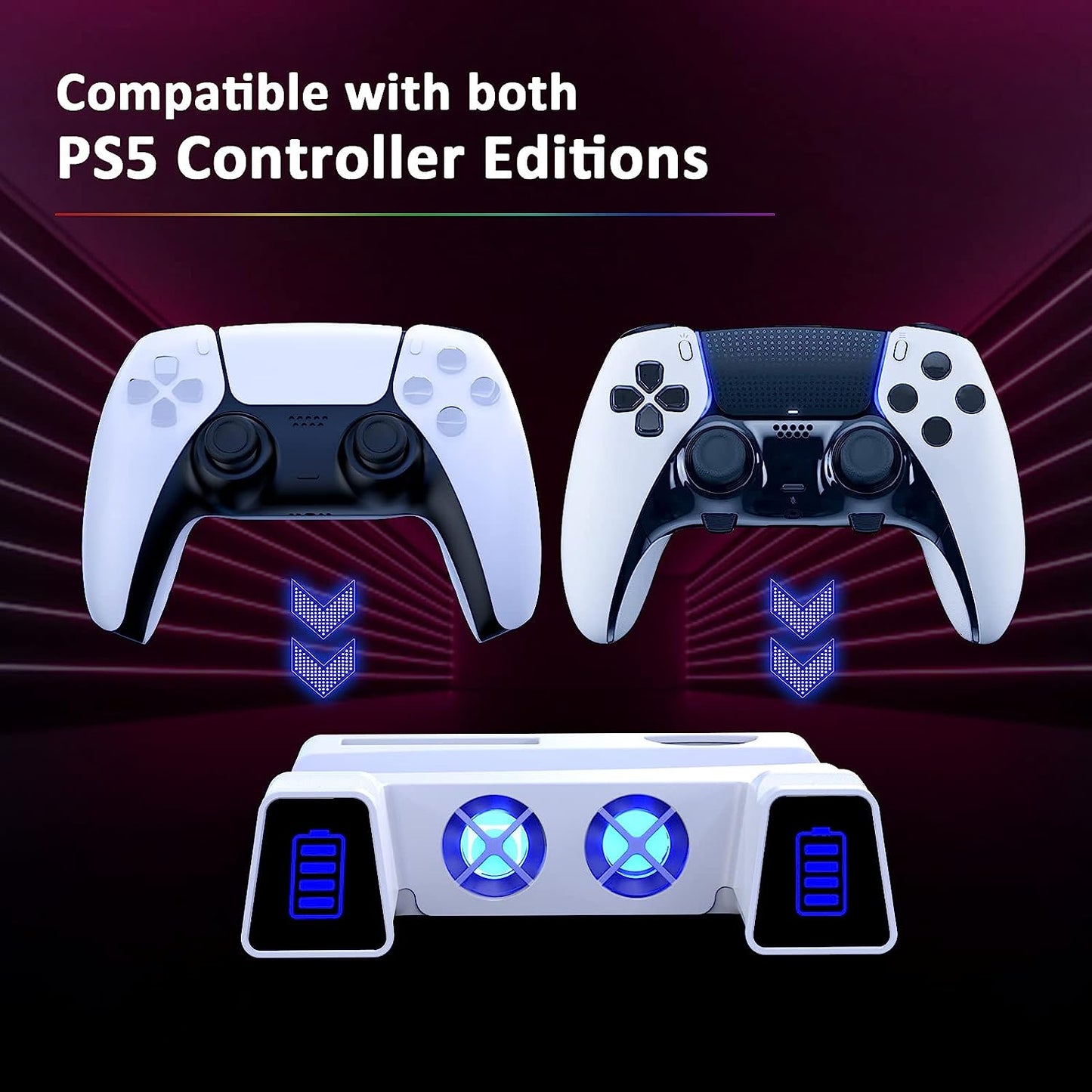 PS5 Silent Cooling Stand with RGB LED Light, Dual Charging Station for Dualsense Edge Controller, Hard Drive Slot, Holders for Headset and Remote, and 10 Game Slots - White