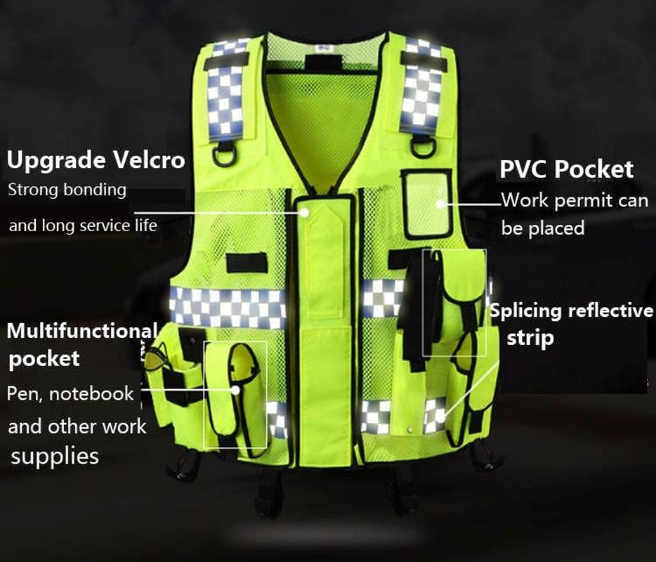 High Visibility Mesh Safety Vest with Large Reflective Stripes, Multiple Pockets, and Adjustable Size - Ideal for Security, Surveyors, and Tools - Yellow
