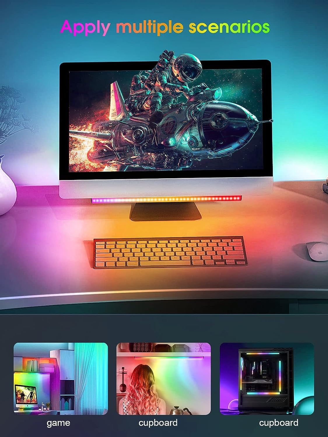 RGB Under Monitor Light Bar for PC - Dimmable LED Desk Light with Dynamic Rainbow Effect, Adjustable Brightness and Speed, Music Sync, Remote Control Color Change - Perfect for Gaming Room