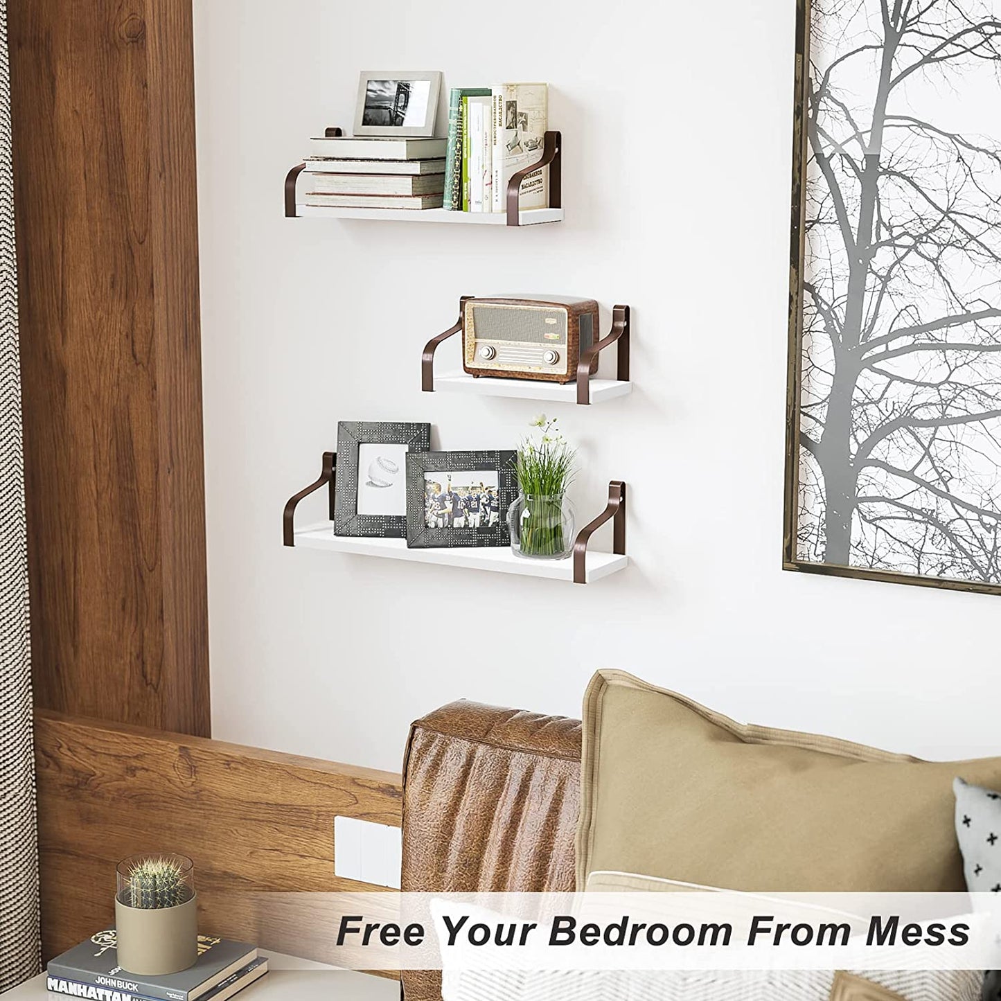 Set of 3 Floating Shelves - Wall Mounted - Rustic Wood Design - Suitable for Bedroom, Living Room, Bathroom, Kitchen, and Office - Features Rustic White/Brown Brackets - Provides Stylish Wall Storage.