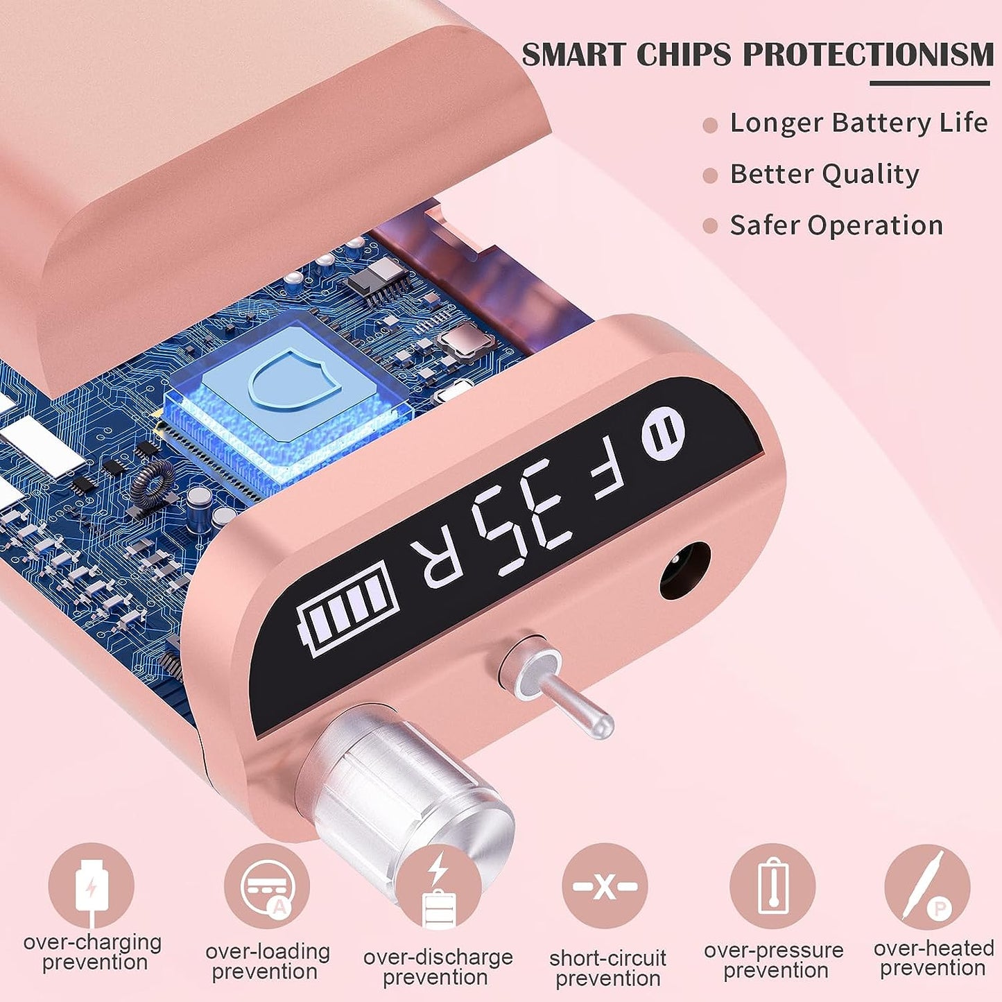 Portable Electric Nail Drill Machine: A Rechargeable, Professional Nail E File Drill with 35000 RPM. Ideal for Acrylic and Gel Nails, Polish Removal, and Nail Shaping. Includes 10 Bits and Sanding Bands, and it comes in a stylish Rose Gold color.