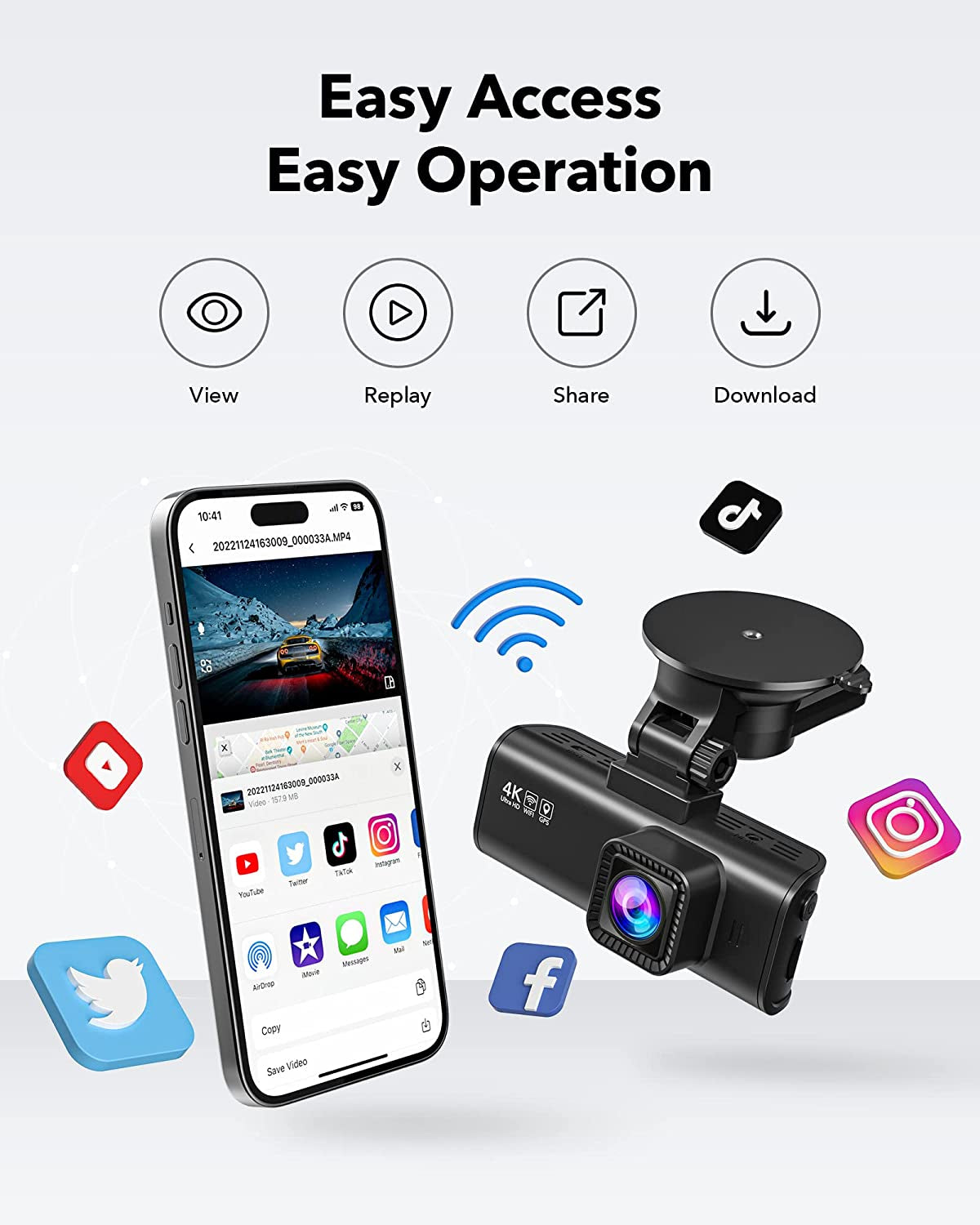 Full HD Car Dashboard Recorder with 4K/2.5K Front Rear Camera, 3.18” IPS Screen, Wi-Fi GPS Night Vision Loop Recording 170° Wide Angle WDR - Includes Free 32GB Card