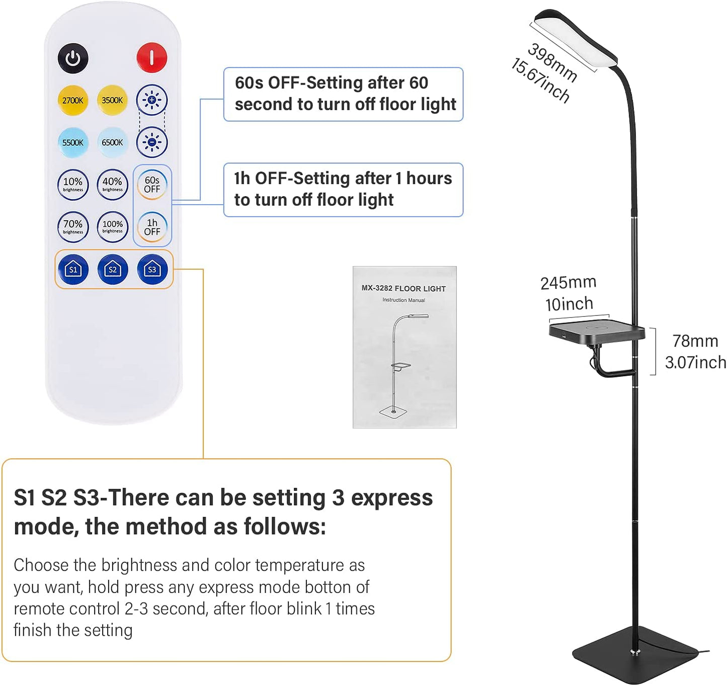 Floor Lamp with Wireless Charger, Flexible Gooseneck Standing Lamp with Timer & Memory Function, 4 Brightness Levels & 4 Colors Dimmable (2700K-6500K) for Home Office Living Bed Room Reading