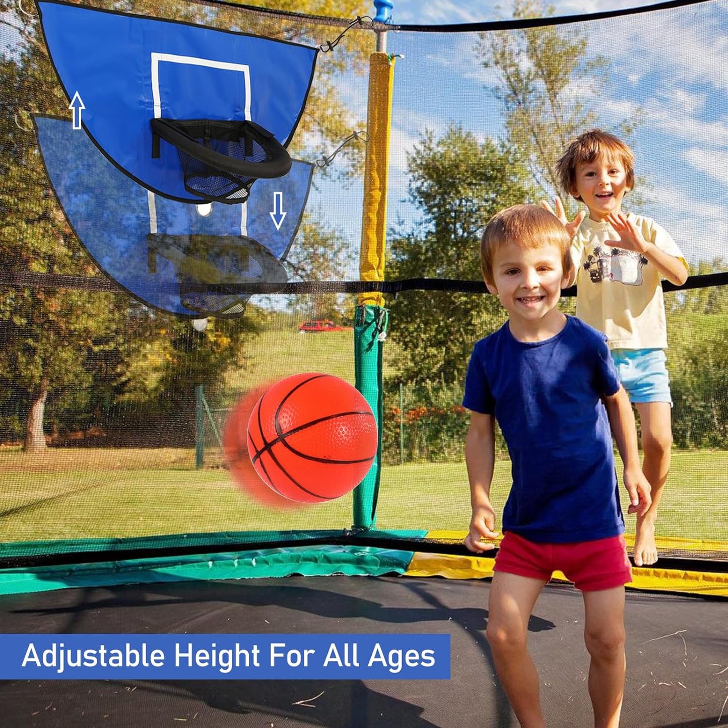 Durable Trampoline Basketball Attachment with Breakaway Rim, Waterproof Design, and Inclusive Mini Balls and Pump - Perfect for Indoor and Outdoor Use by Kids and Teens