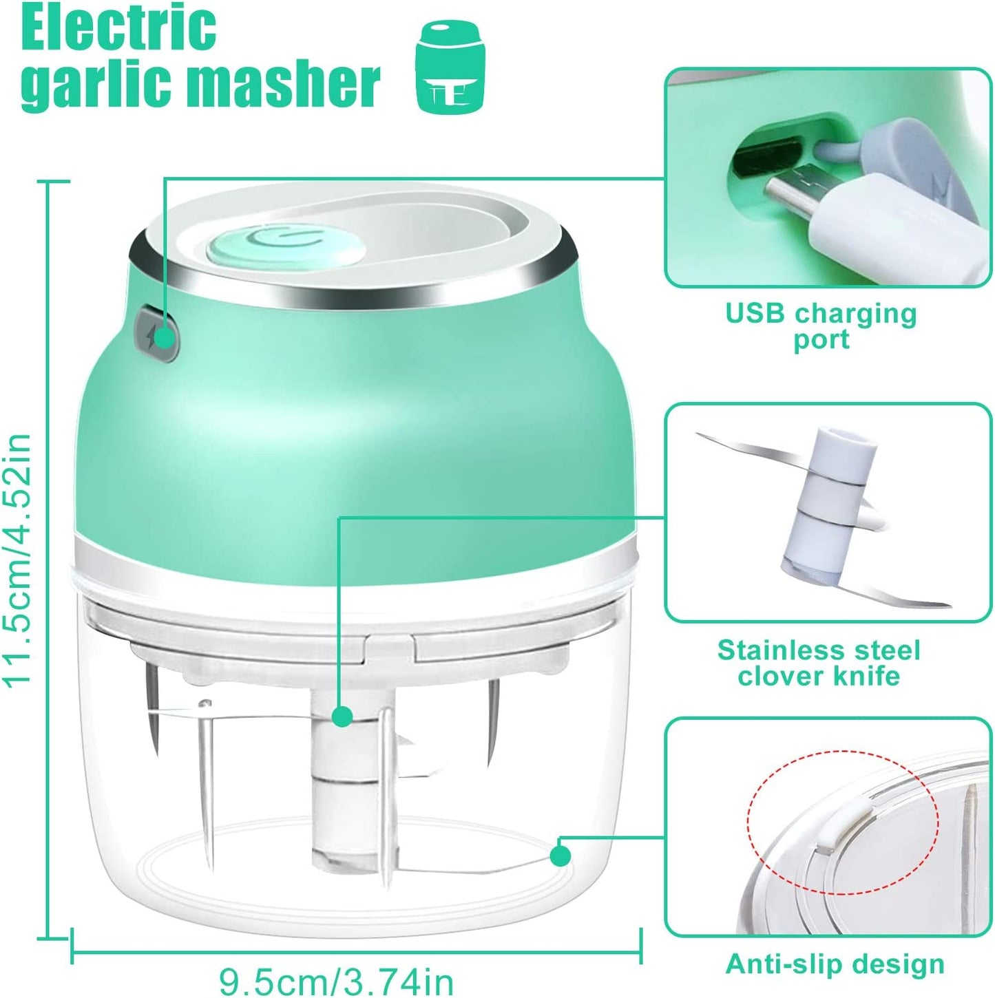 Electric Mini Garlic Cutter Masher, USB Charging Food Chopper, Garlic Mincer, Portable Vegetable Fruit Chopper Grinder Food Processor - 150ml