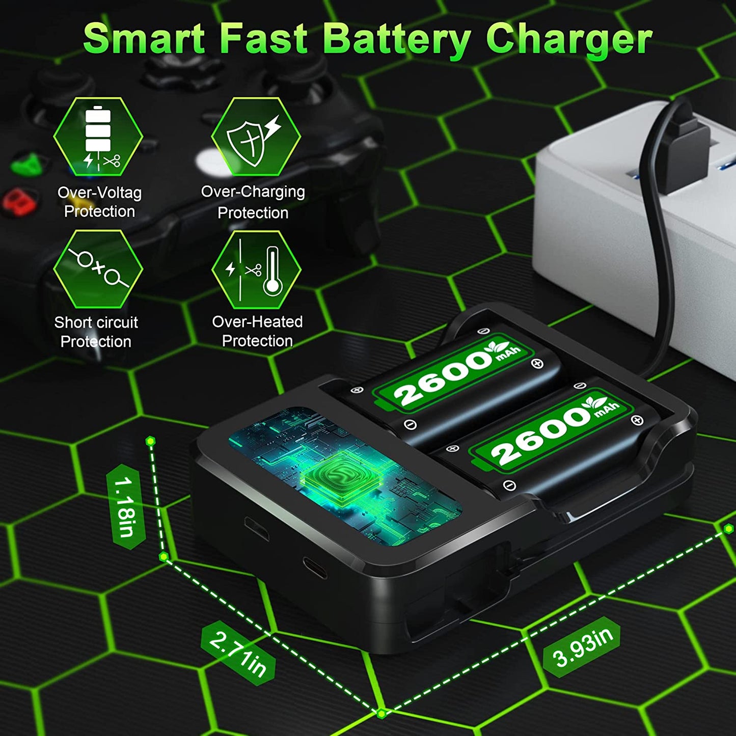 High-Capacity Rechargeable Battery Pack for Xbox One Controllers - 2600mAh, Fast Charging Technology - Compatible with Xbox One/Xbox One S/Xbox One X/Xbox One Elite Wireless Controller - Includes 2 Batteries and 1 Charger