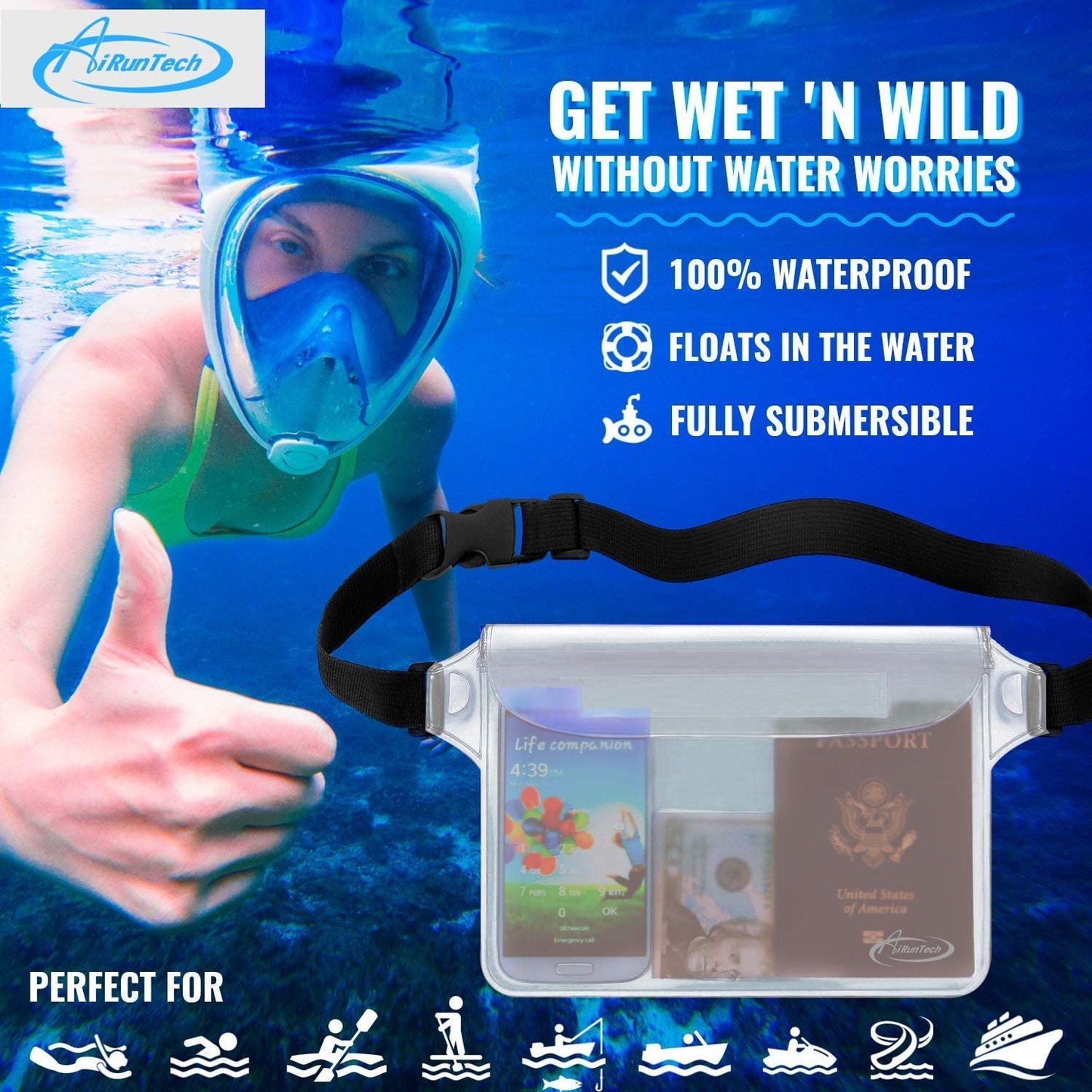 Waterproof Pouch with Waist Strap (2 Pack) - Premium Beach Accessory for Secure and Dry Storage of Your Phone and Valuables - Ideal for Boating, Swimming, Snorkeling, Kayaking, Beach, Pool, and Water Parks