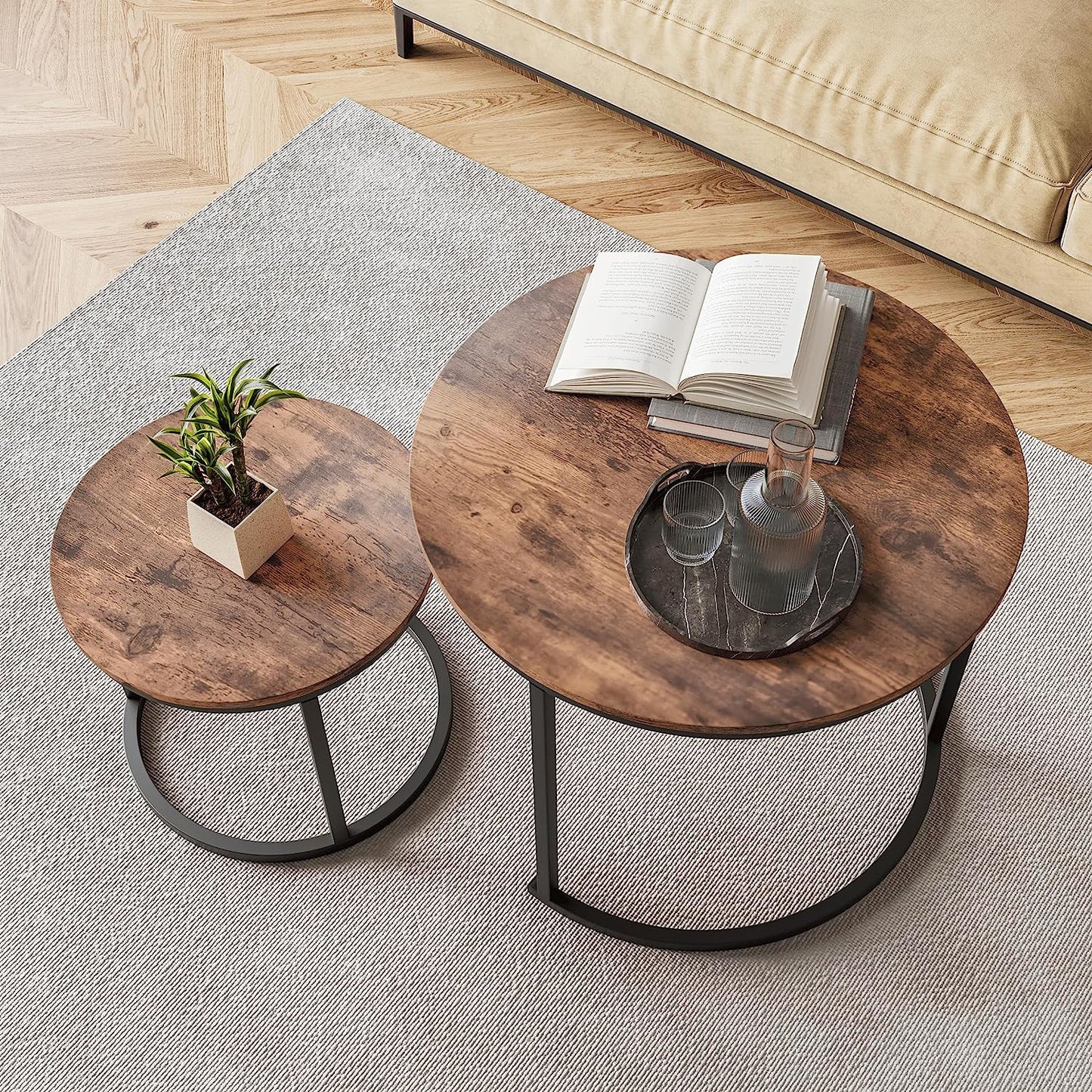 Round Coffee Table Set of 2 for Living Room,Black Small Coffee Table Living Room Table,Nesting Tables Metal Frame/Wood Look,Sturdy/Easy Assembly,Stacking Side Tables Bedroom,Rustic Brown