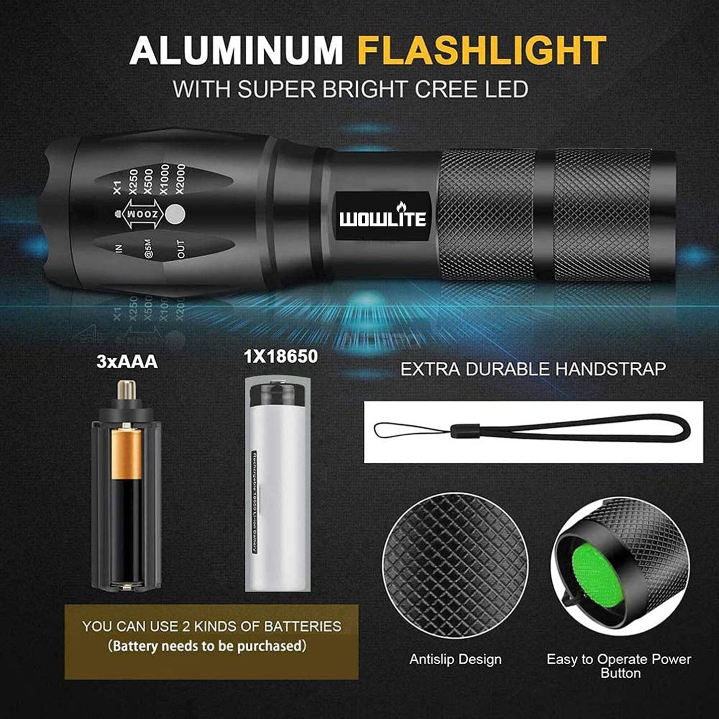 Tactical Flashlight: Ultra Bright XML T6 LED Torch with 5 Light Modes & Adjustable Focus. Comes in a 2-Pack, Ideal for Emergency, Camping, and Hiking.