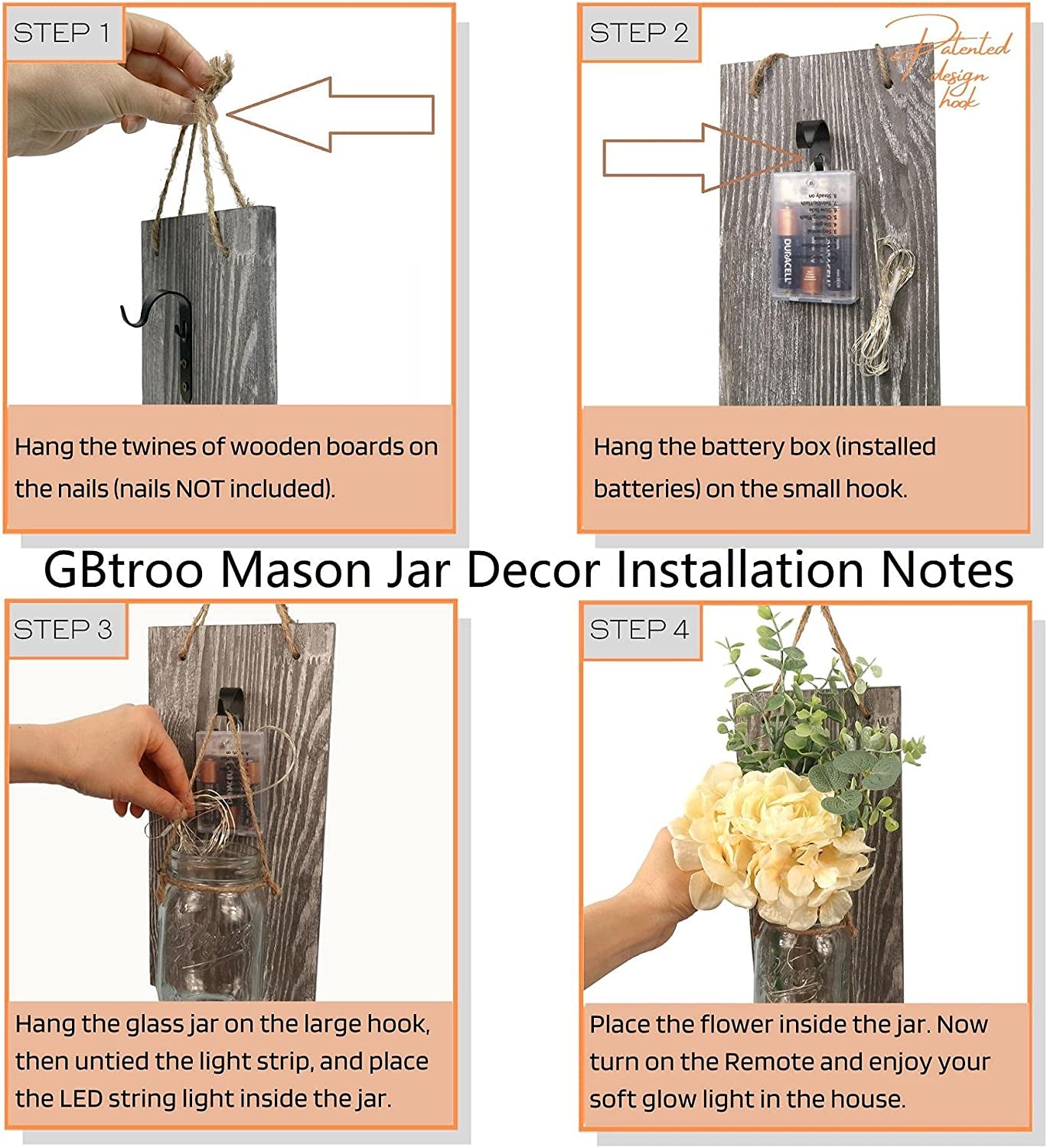 Mason Jar Sconces Home Wall Decor With Remote Control - Sconces Wall Lighting for Home Living Room Kitchen Bedroom Bathroom Decoration with 6-Hour Timer LED Lights Flowers,Set of 2 Grey