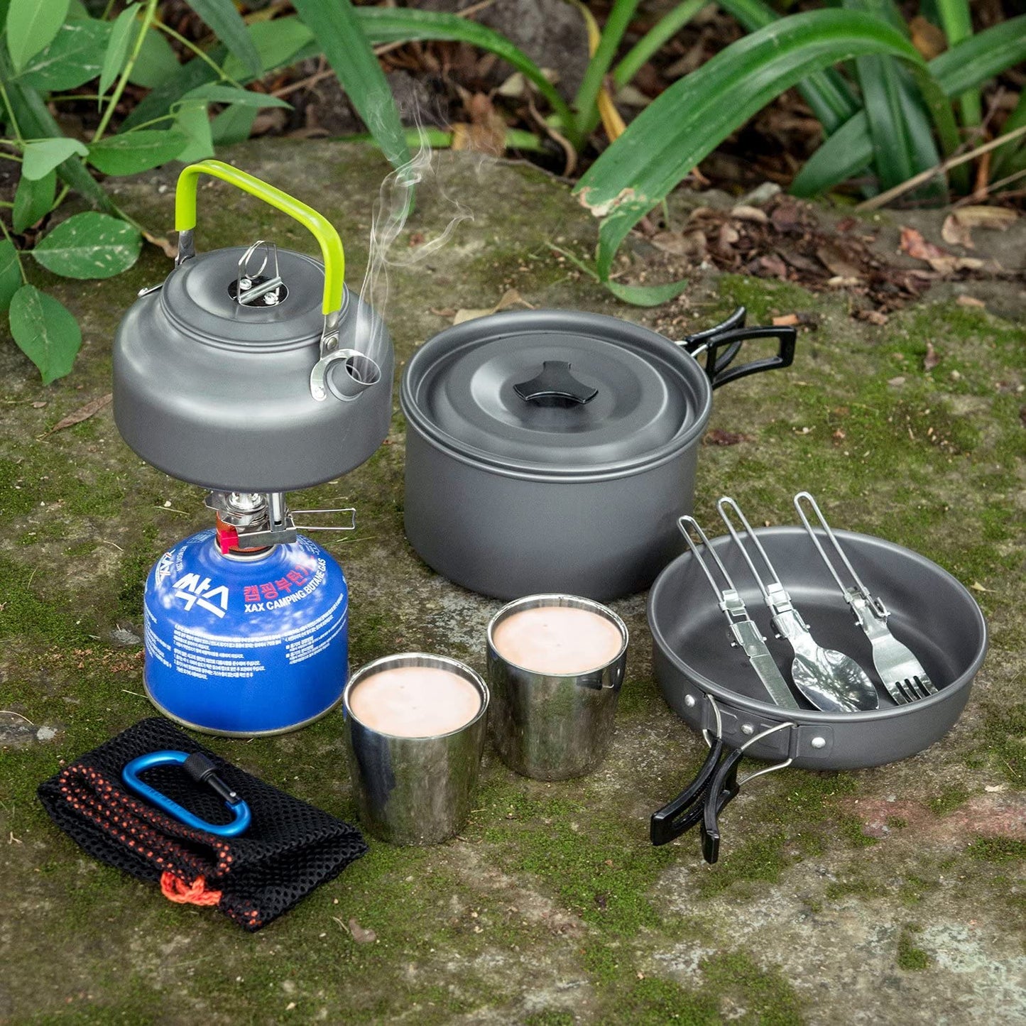 Folding 10pcs Camping Cookware Mess Kit Cookset, Lightweight Pot Pan Kettle with 2 Cups, Fork Knife Spoon Kit for Outdoor Camping Hiking and Picnic