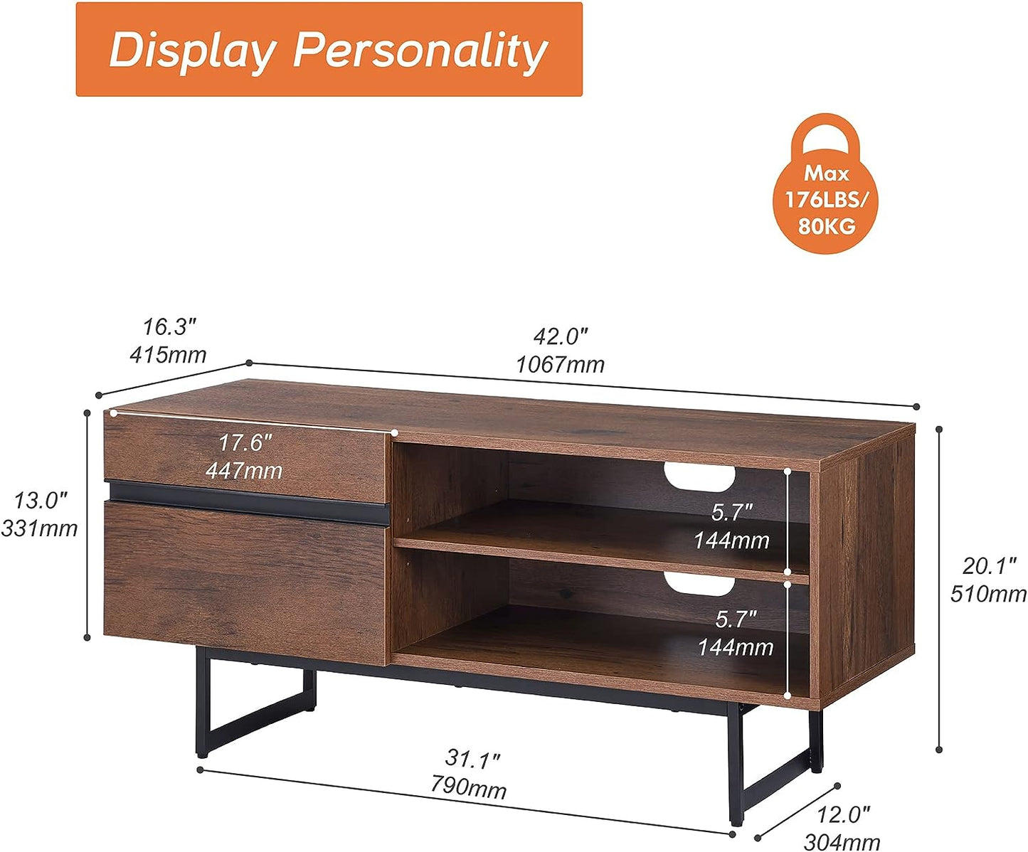 Modern Entertainment TV Stand for up to 50 inch TV with Storage Cabinets Media Console for Living Room, 42" - Brown