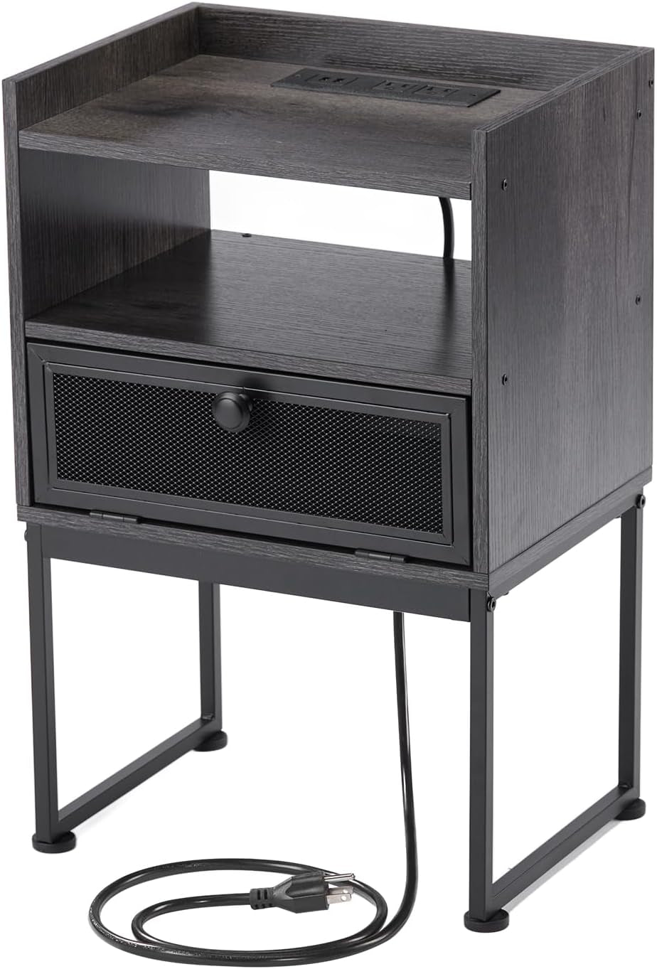 Nightstand with Integrated Charging Station, Compact Bedside Table with Storage, Multi-purpose Stand for Record Player, Sofa Side Table for Small Living Spaces, Bedroom, or Apartment - Grey