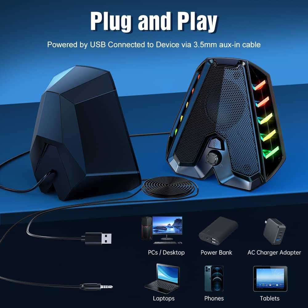 Computer Speakers GS04 RGB PC Wired Speakers with Subwoofer. USB-Powered for Desktop with Bass Diaphragms Stereo. Small Gaming Speakers for PC, Computer, Laptop, Mini Monitor.