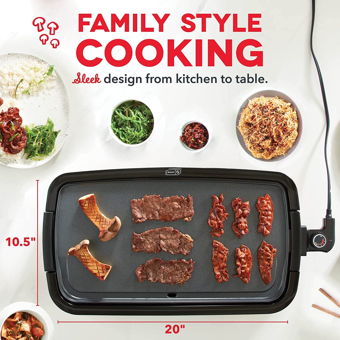 Deluxe Everyday Electric Griddle with Removable Nonstick Cooking Plate, Drip Tray, and Recipe Book - 20" x 10.5", 1500-Watt, Red