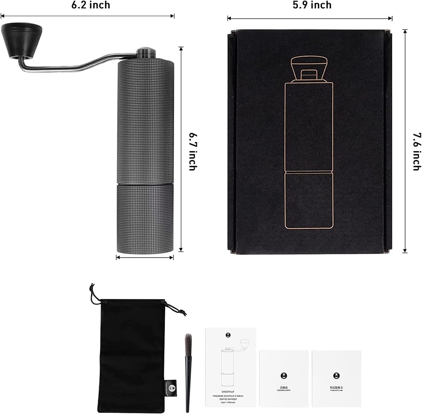 Chestnut Manual Coffee Grinder - Burr Coffee Grinder - Capacity: 30g - Equipped with CNC Stainless Steel Conical Burr - Color: Black.