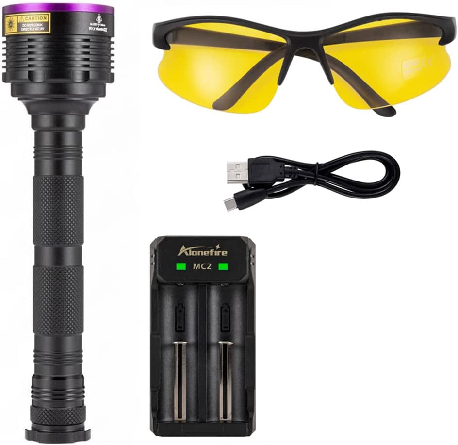 UV Flashlight: USB Rechargeable Ultraviolet Black Light for Resin Curing, Fishing, Scorpion Detection, and Dry Glue - Includes UV Protective Glasses, Battery, and Charger