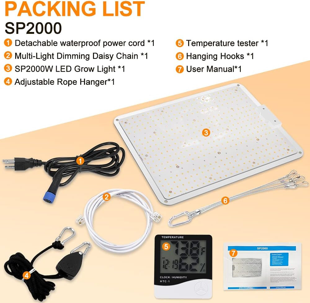 2000W Full Spectrum LED Grow Light with Thermometer Humidity Monitor for Indoor Plants - Sunlike Growing Lamps for Hydroponic Seedling Veg and Greenhouse Flower - 4x4ft Coverage