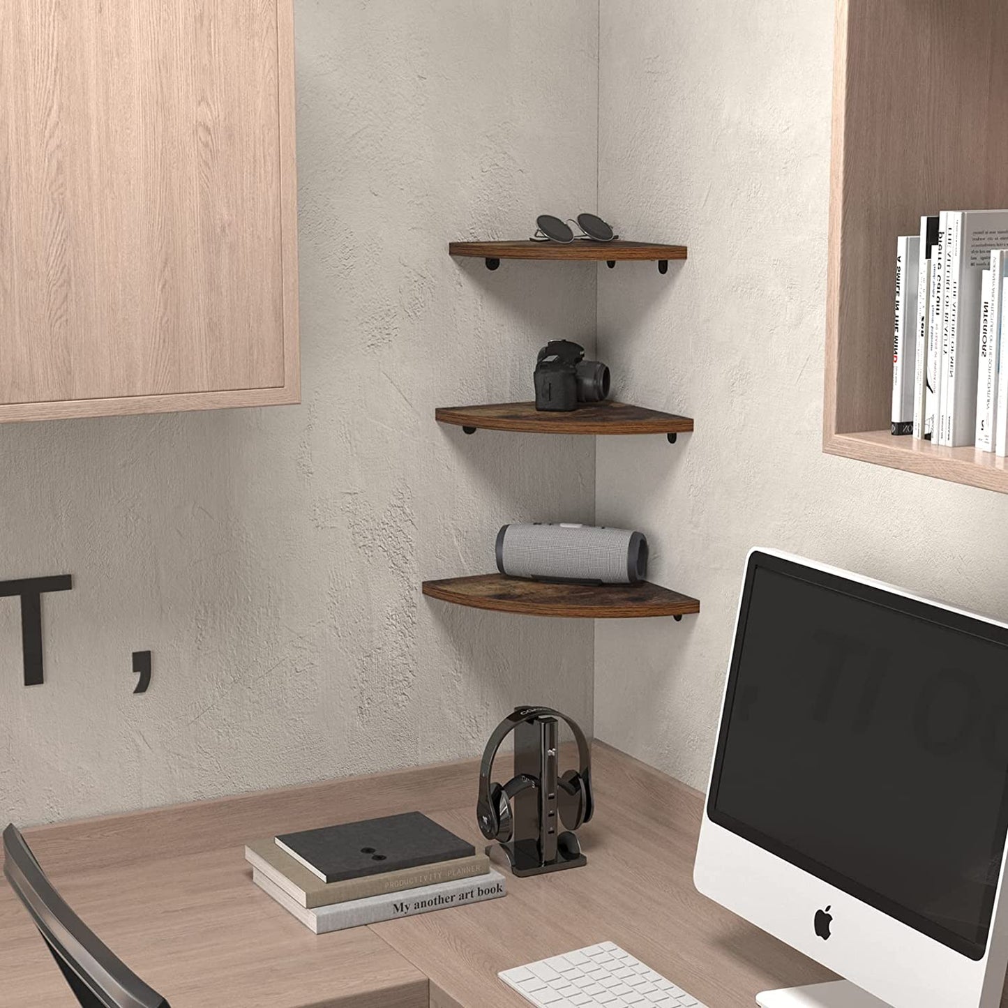 Set of 6 Floating Corner Shelves - Rustic Wood Design - Ideal for Bedroom, Living Room, Bathroom, and Kitchen - Adds Decorative and Functional Space to Corners.