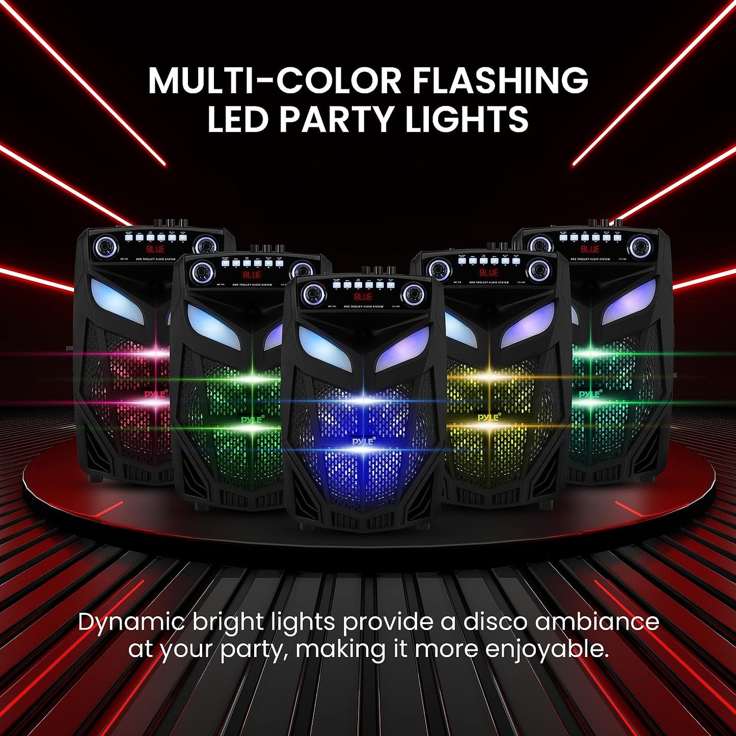Portable Bluetooth PA Speaker System - A 600W 10-Inch Outdoor Bluetooth Speaker that comes with 2 Wireless Microphones, Party Lights, USB and SD Card Reader, FM Radio, Rolling Wheels for easy transport, and a Remote Contro