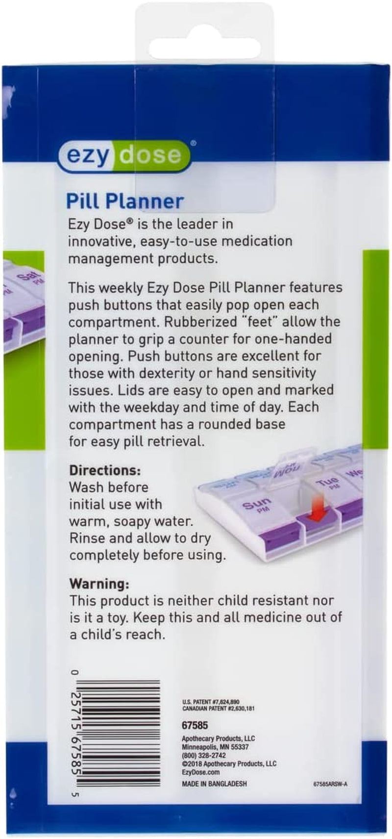 Push Button (7-Day) Pill Case - Organizes Medicine and Vitamins - 2 Times a Day AM/PM Slots - Large Compartments - Designed for Arthritis-Friendly Use - Features Clear Lids in Purple/Blue Color.