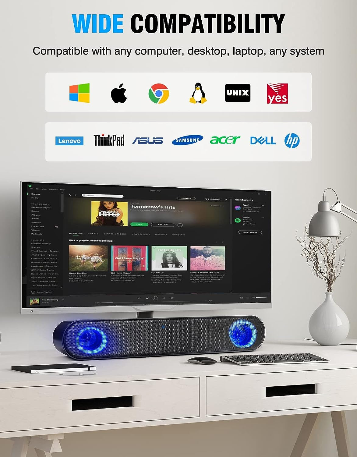 Computer Speakers with an Ultra-Long 59-inch Cable - These 10W Stereo Sound USB-Powered PC Speakers are designed for Desktop Computers and Laptops. They are Plug-and-Play for easy setup.