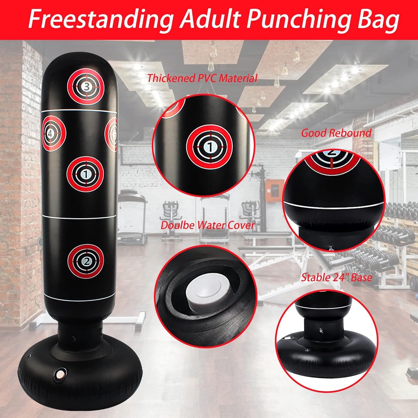 Freestanding Punching Bag for All Ages - 63" Inflatable Kickboxing Bag with Stand for MMA, Muay Thai, and Fitness Training - Suitable for Adults and Kids - Durable and Stylish Black Design