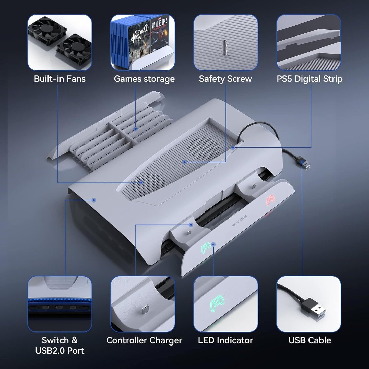 PS5 Cooling Station with RGB Lighting, Vertical Stand, Suction Fan, Auto-Speed, Dual Controller Charging Station, 3 USB Hubs, and 10 Games Storage