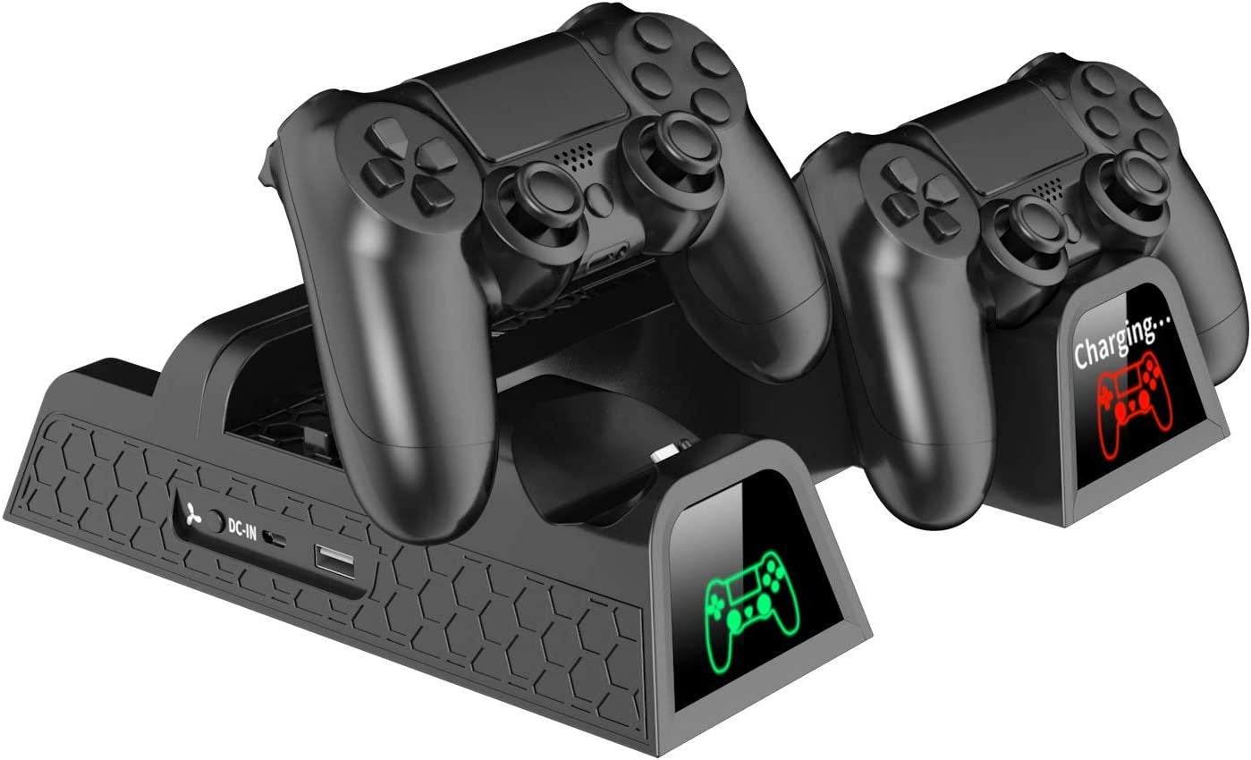 PS4 Cooling Stand with Controller Charger, LED Indicators, and Games Storage for PS4, PS4 Slim, and PS4 Pro