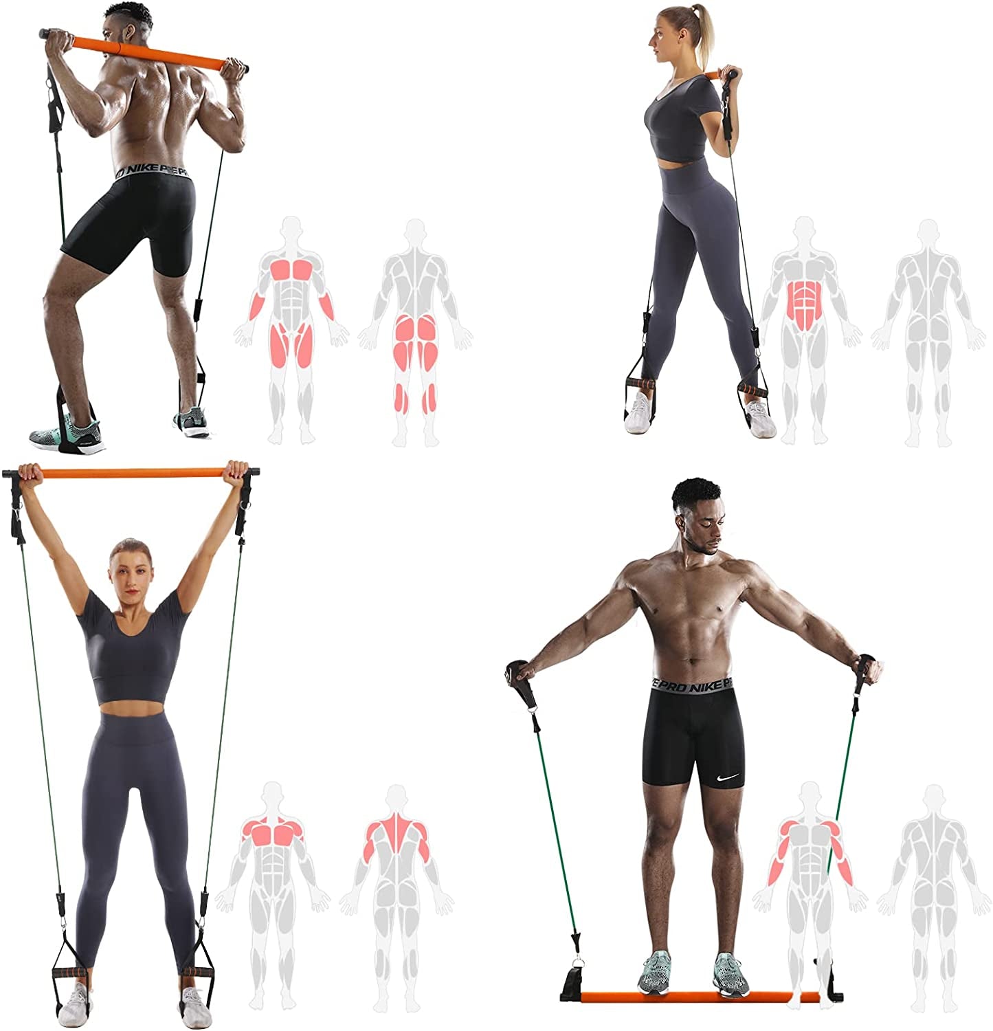 Portable Pilates Bar Kit with Resistance Bands - This upgraded 3-section Pilates bar comes with resistance bands in 20lb, 40lb, and 60lb options. It's suitable for both men and women and supports full-body workouts at home.