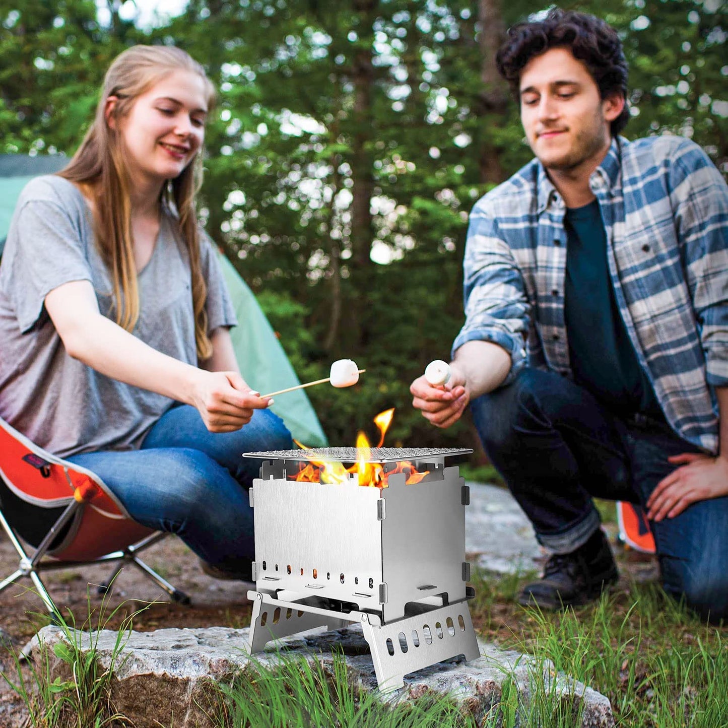 Portable Camping Campfire Grill Pit Stove, Foldable Stainless Steel Camping Backpacking Wood Stove with Grill Gate and Carrying Bag for Outdoor Cooking