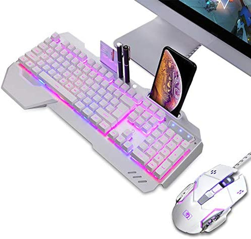 RGB Backlit Keyboard and Mouse Combo with Adjustable Breathing Lamp - Wired Gaming Keyboard with Wrist Rest and 5 Adjustable DPI Gaming Mouse for Mac, PC, Laptop Gamer (White)